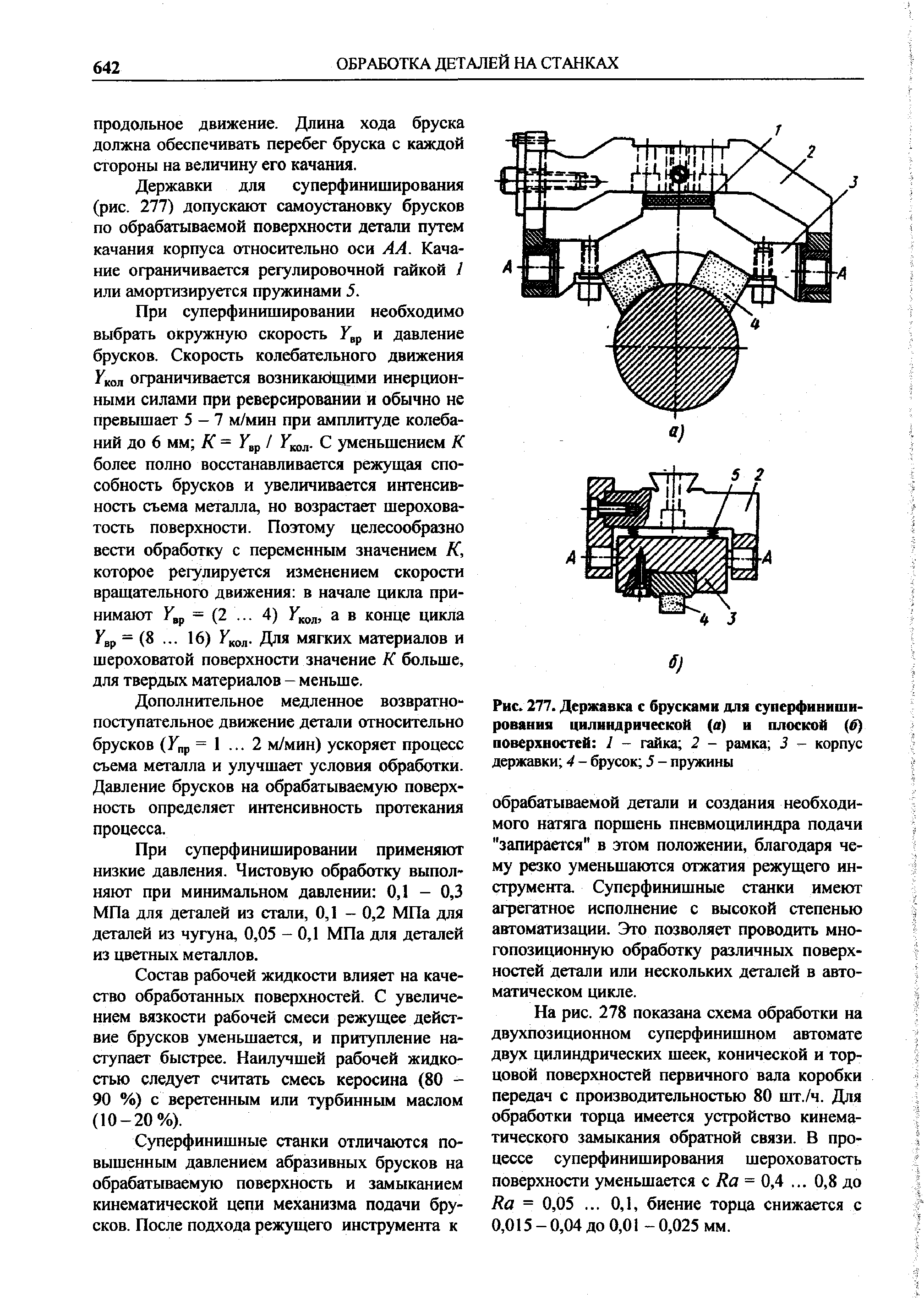 Рис. 277. Державка с брусками для суперфиниширования цилиндрической (а) и плоской (6) поверхностей J - гайка 2 - рамка 3 - <a href="/info/651902">корпус державки</a> 4 - брусок 5 - пружины
