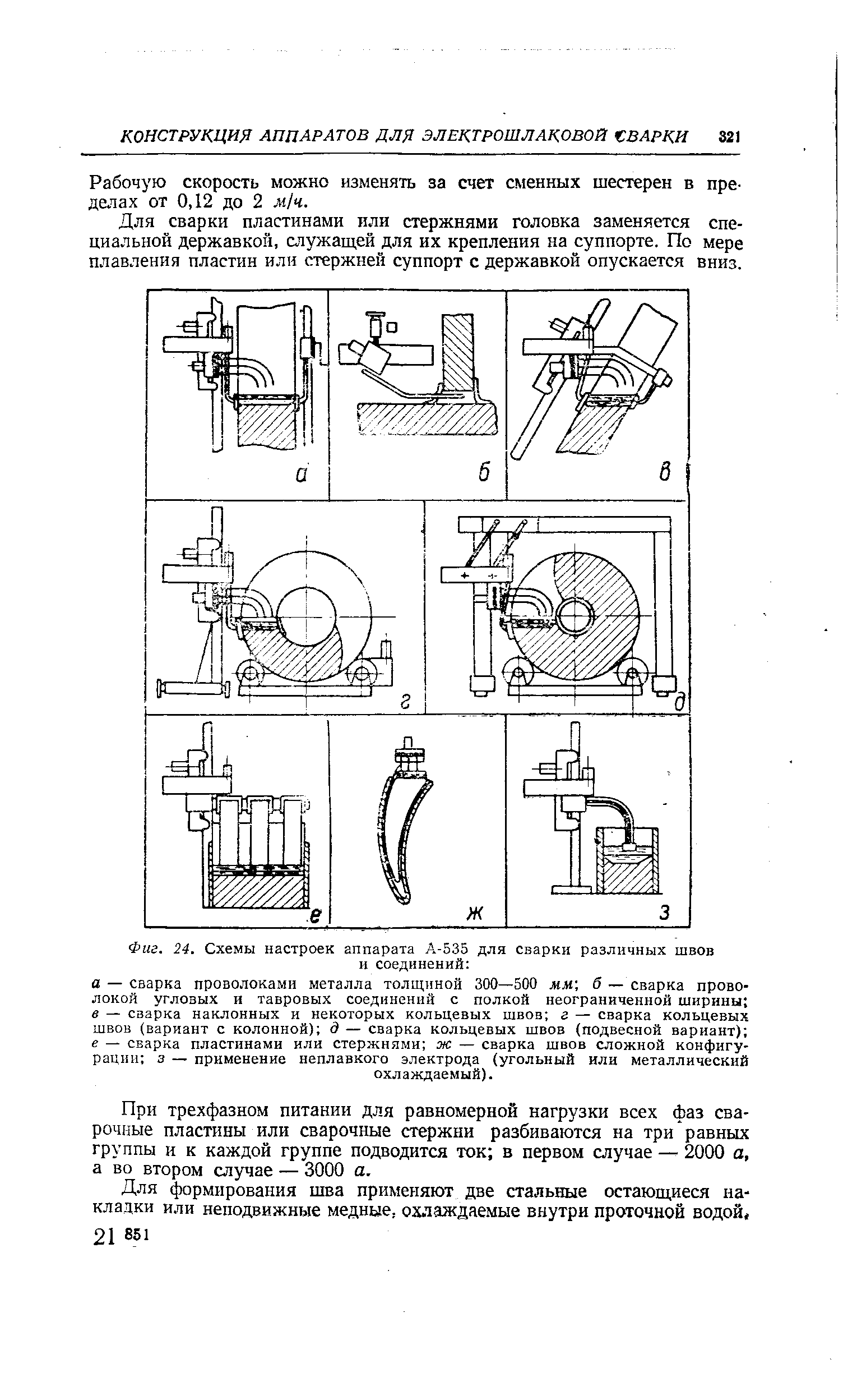 Фиг. 24. Схемы настроек аппарата А-535 для сварки различных швов и соединений 
