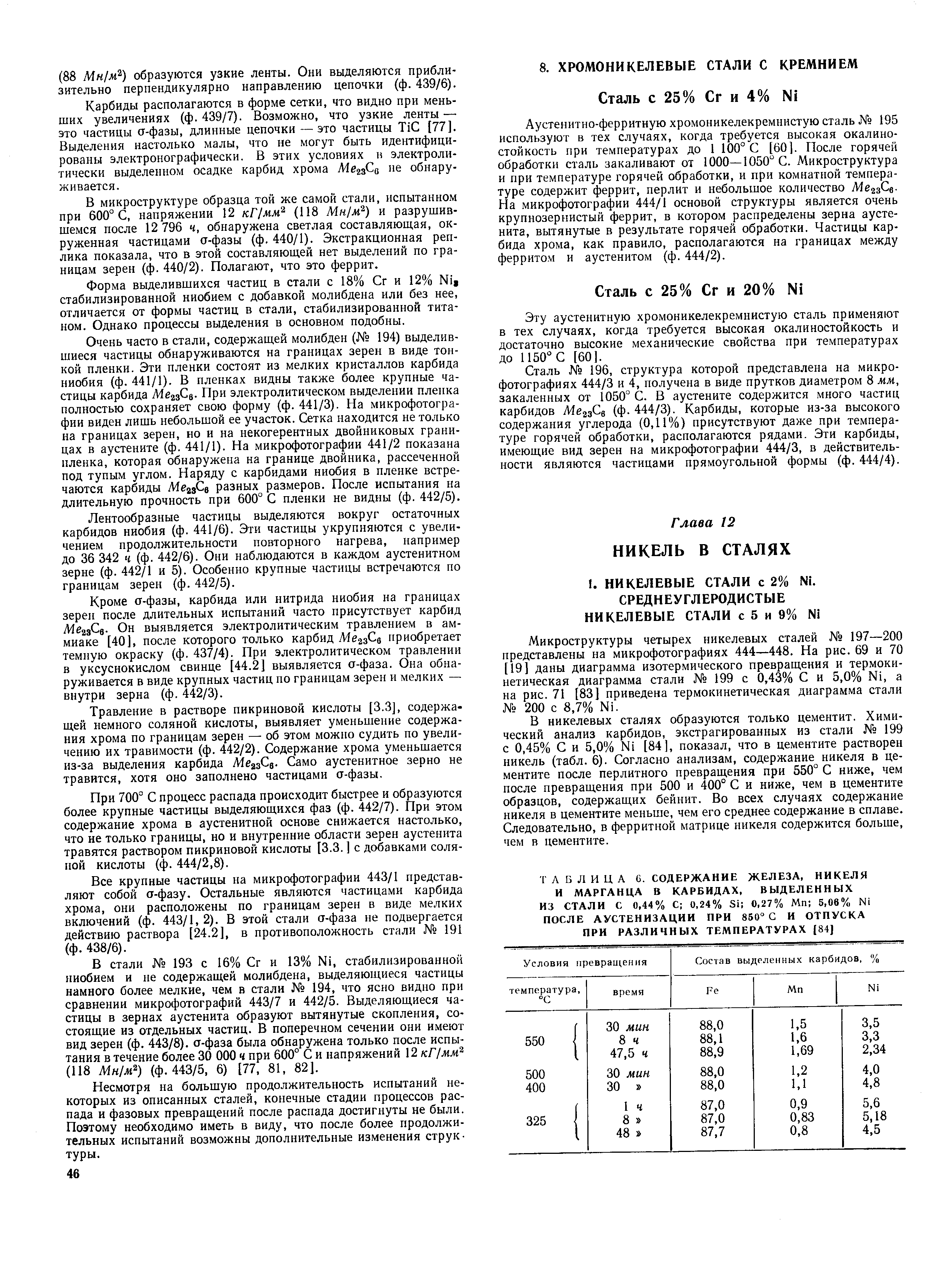 Аустенитно-ферритную хромоникелекремнистую сталь 195 используют в тех случаях, когда требуется высокая окалиностойкость при температурах до 1 100° С [60]. После горячей обработки сталь закаливают от 1000—1050 С. Микроструктура и при температуре горячей обработки, и при комнатной температуре содержит феррит, перлит и небольшое количество Ме зСд. На микрофотографии 444/1 основой структуры является очень крупнозернистый феррит, в котором распределены зерна аустенита, вытянутые в результате горячей обработки. Частицы карбида хрома, как правило, располагаются на границах между ферритом и аустенитом (ф. 444/2).
