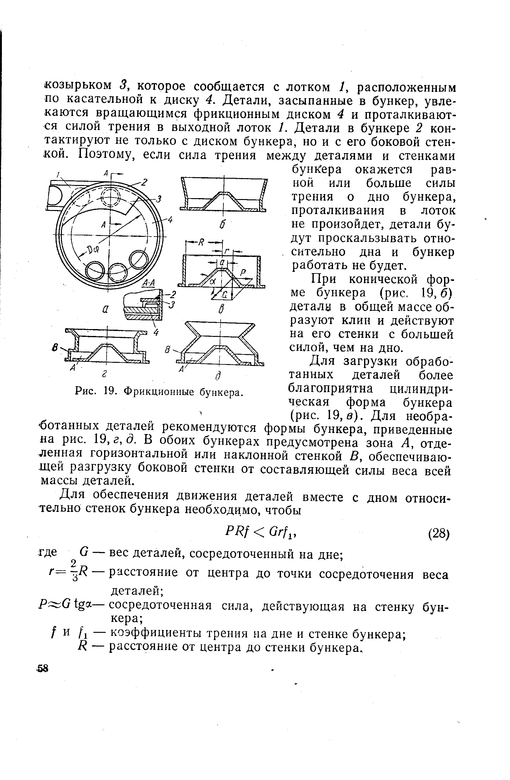 При конической форме бункера (рис. 19, б) детали в общей массе образуют клин и действуют на его стенки с большей силой, чем на дно.
