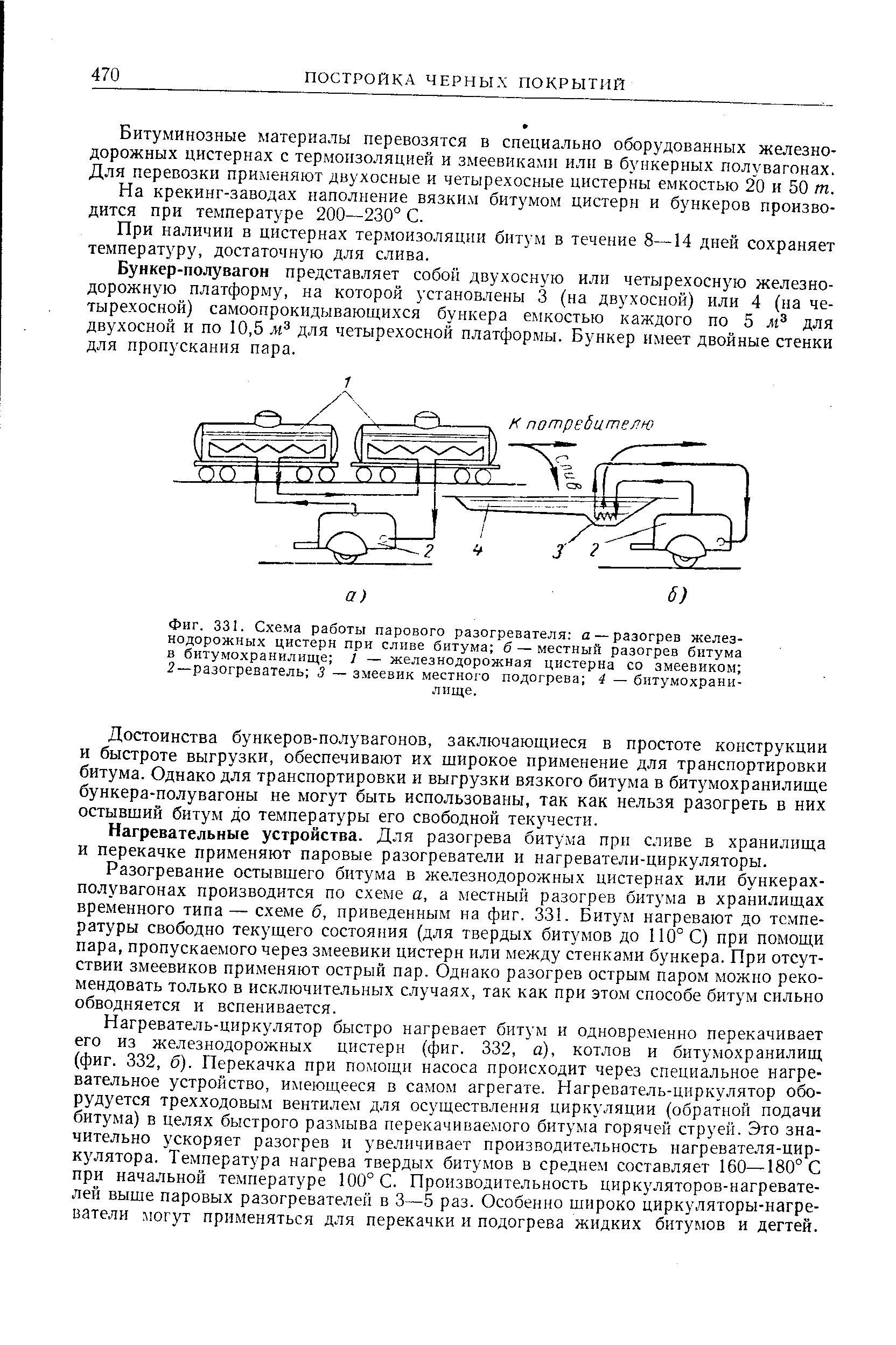 Фиг. 331. Схема работы парового разогревателя а — разогрев железнодорожных цистерн при сливе битума б — местный разогрев битума в битумохранилище 1 — железнодорожная цистерна со змеевиком 2—разогреватель 3 — змеевик местного подогрева 4 — битумохрани-
