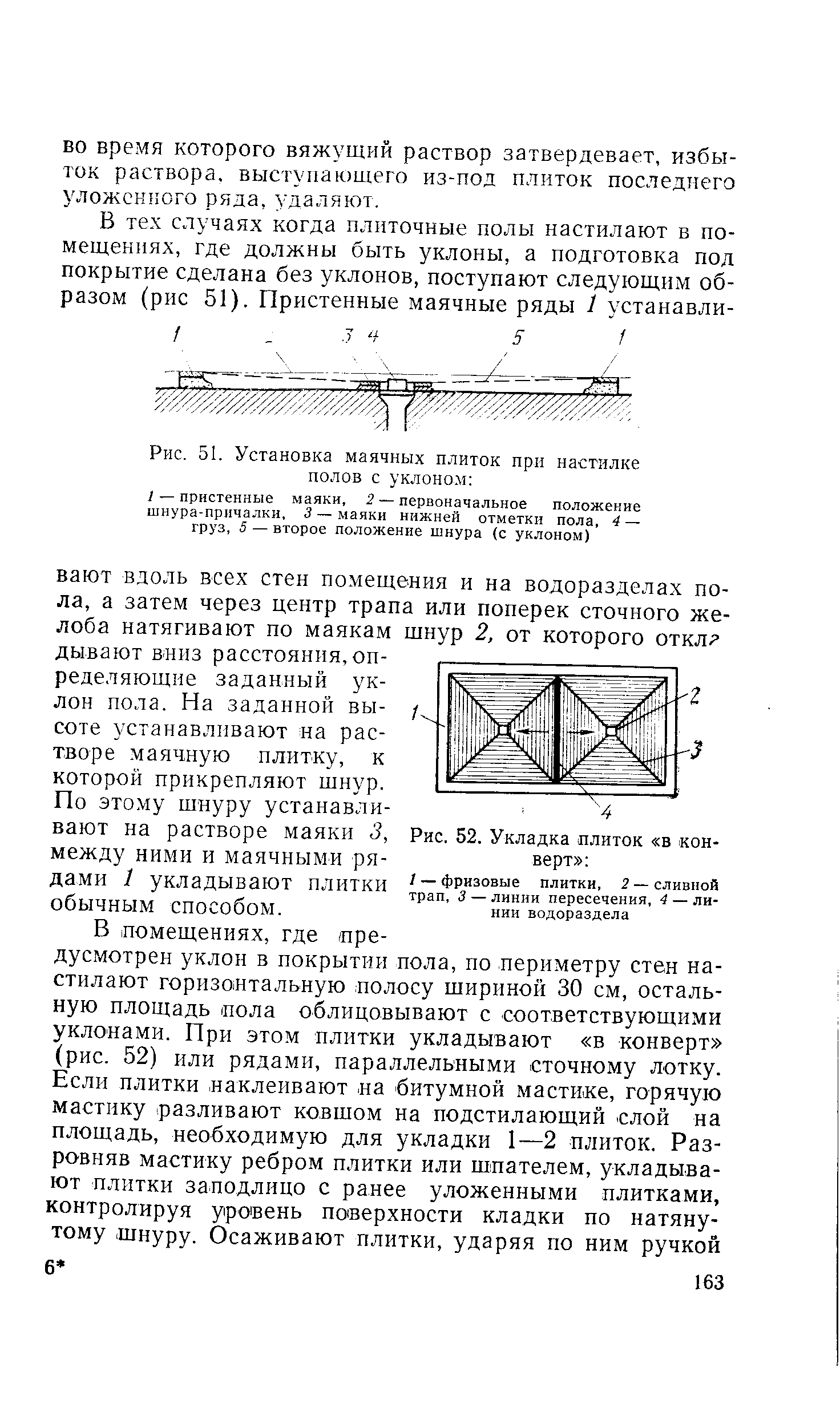 Рис. 51. Установка маячных плиток при настилке полов с уклоном 
