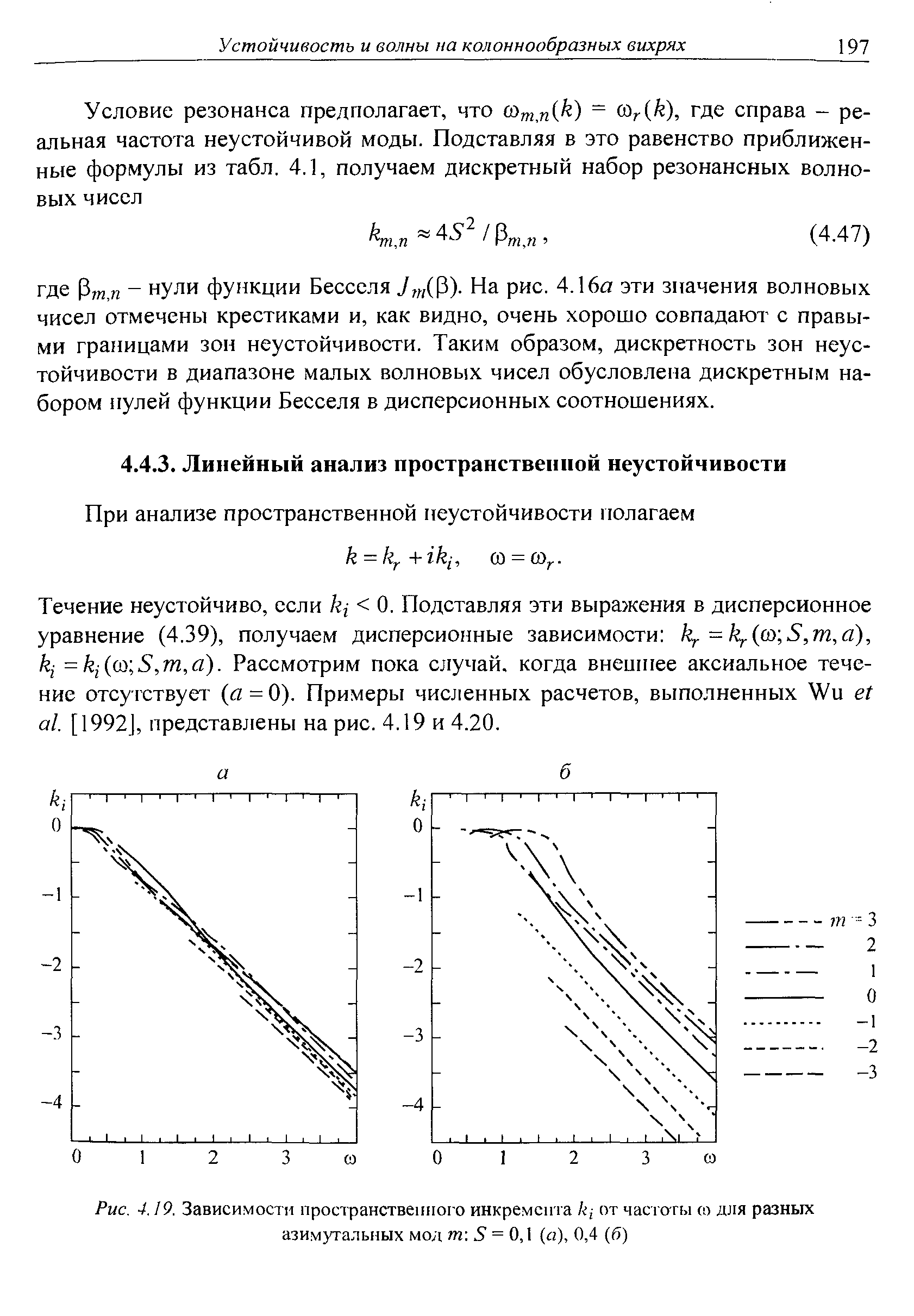Течение неустойчиво, если к( 0. Подставляя эти выражения в дисперсионное уравнение (4.39), получаем дисперсионные зависимости к,. = к,.(со 5,т, о), к =к,(а) 5,т,а). Рассмотрим пока случай, когда внеипгее аксиальное течение отсутствует а = 0). Примеры численных расчетов, выполненных и еТ а1. [1992], представлены на рис. 4.19 и 4.20.
