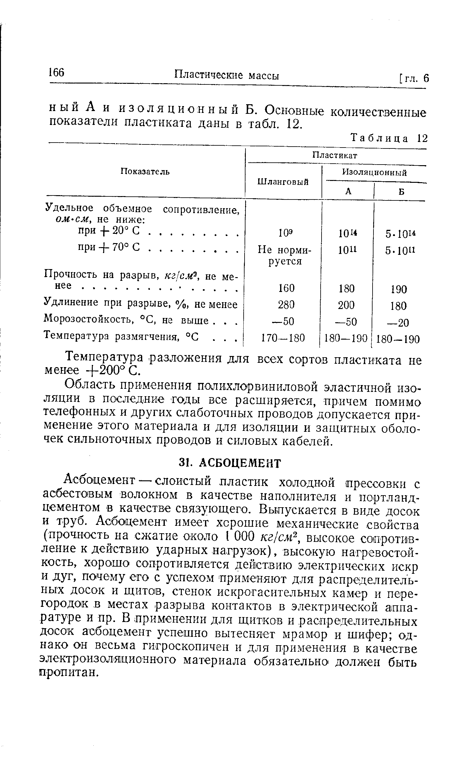 Асбоцемент — слоистый пластик холодной прессовки с асбестовым волокном в качестве наполнителя и портландцементом в качестве связующего. Выпускается в виде досок и труб. Асбоцемент имеет хорошие механические свойства (прочность на сжатие около I ООО кг/см , высокое сопротивление к действию ударных нагрузок), высокую нагревостойкость, хорошо сопротивляется действию электрических искр и дуг, почему его с успехом применяют для распределительных досок и щитов, стенок искрогасительных камер и перегородок в местах разрыва контактов в электрической аппаратуре и пр. В применении для щитков и распределительных досок асбоцемент успешно вытесняет мрамор и шифер однако он весьма гигроскопичен и для применения в качестве электроизоляционного материала обязательно должен быть пропитан.
