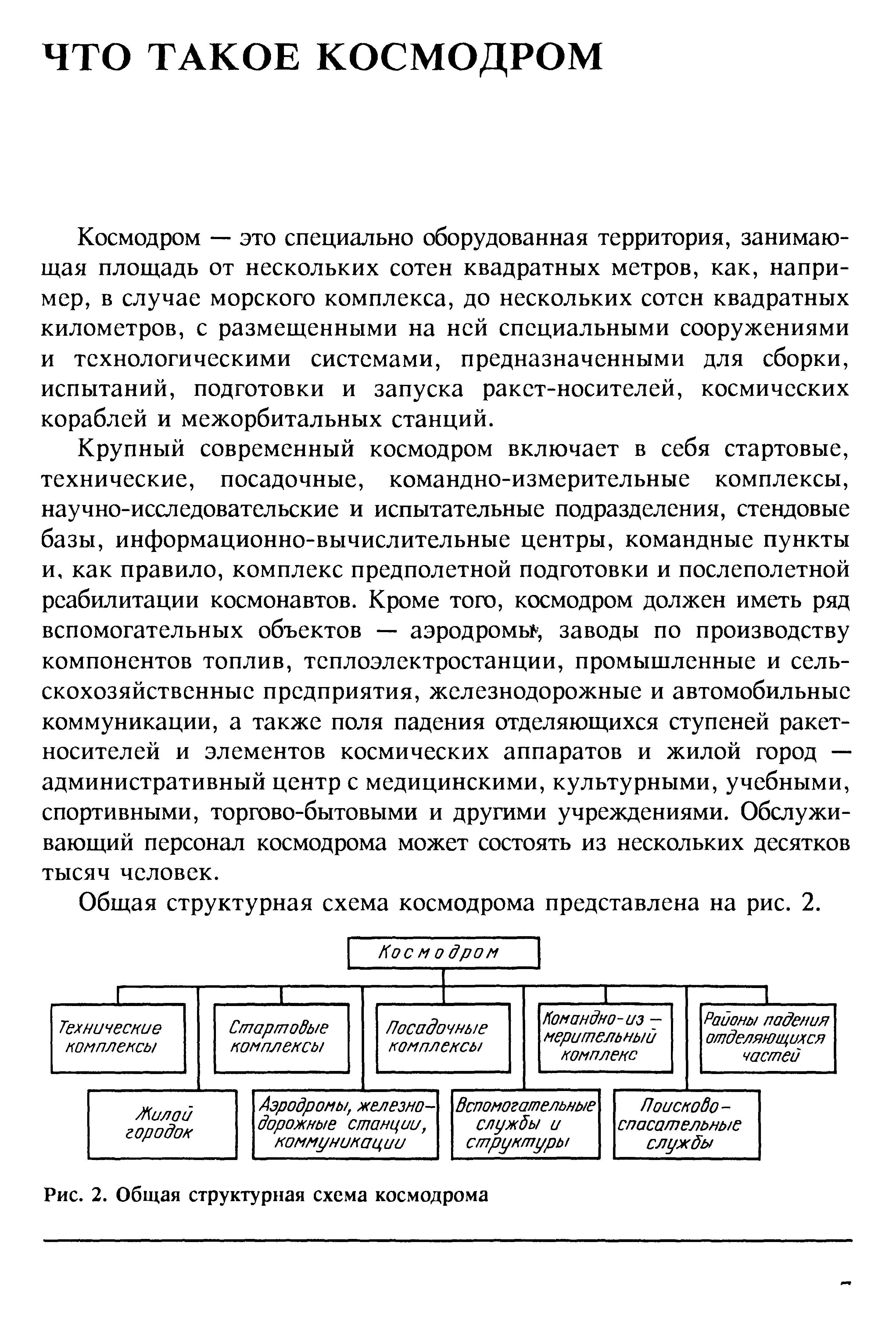 Космодром — это специально оборудованная территория, занимающая площадь от нескольких сотен квадратных метров, как, например, в случае морского комплекса, до нескольких сотен квадратных километров, с размещенными на ней специальными сооружениями и технологическими системами, предназначенными для сборки, испытаний, подготовки и запуска ракет-носителей, космических кораблей и межорбитальных станций.
