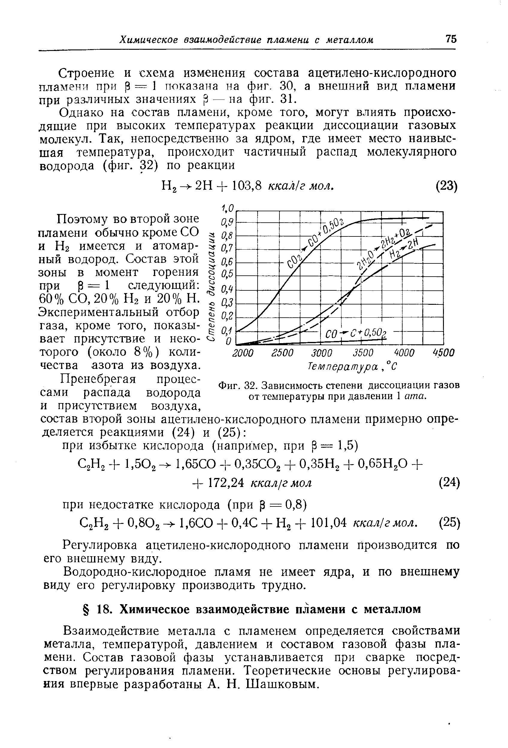 Строение и схема изменения состава ацетилено-кислородного пламени при р = 1 показана на фиг, 30, а внешний вид пламени при различных значениях — на фиг. 31.
