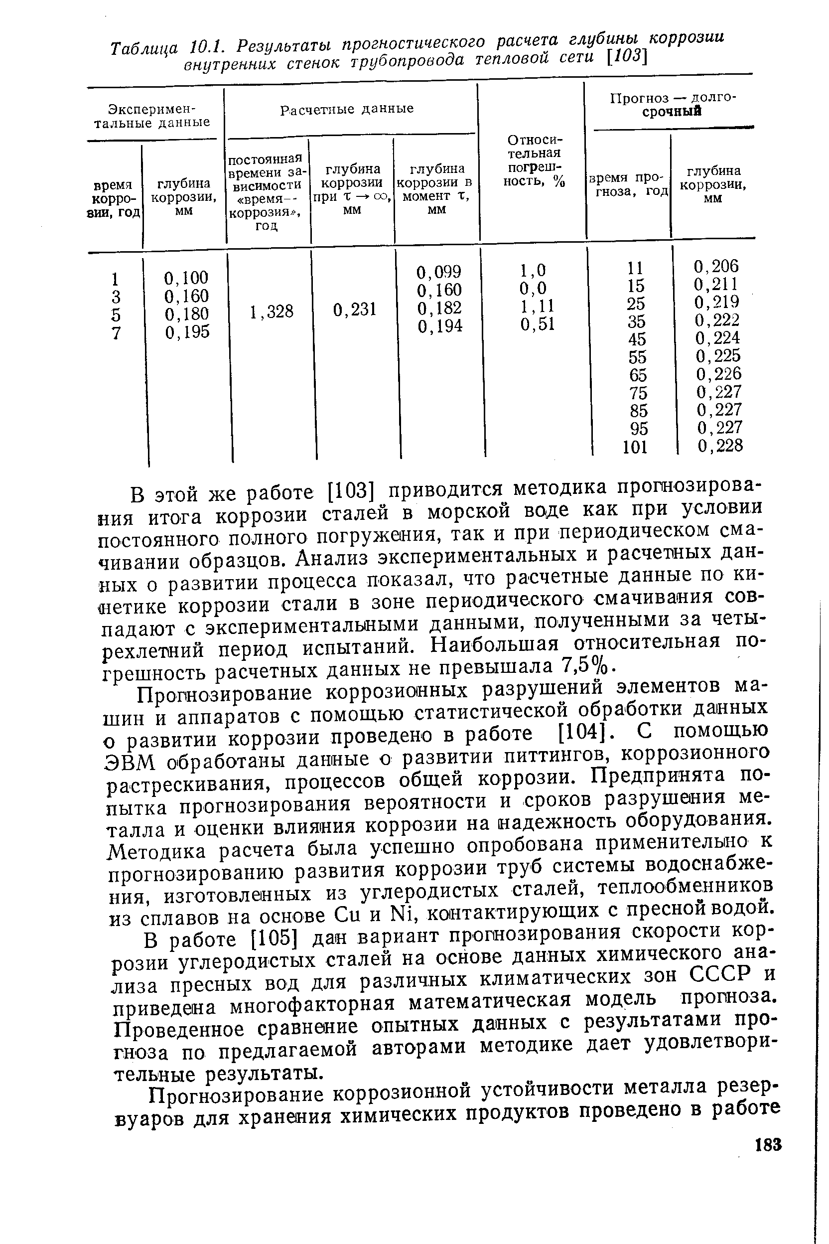 Таблица 10.1. Результаты прогностического расчета глубины коррозии внутренних стенок трубопровода тепловой сети [103 
