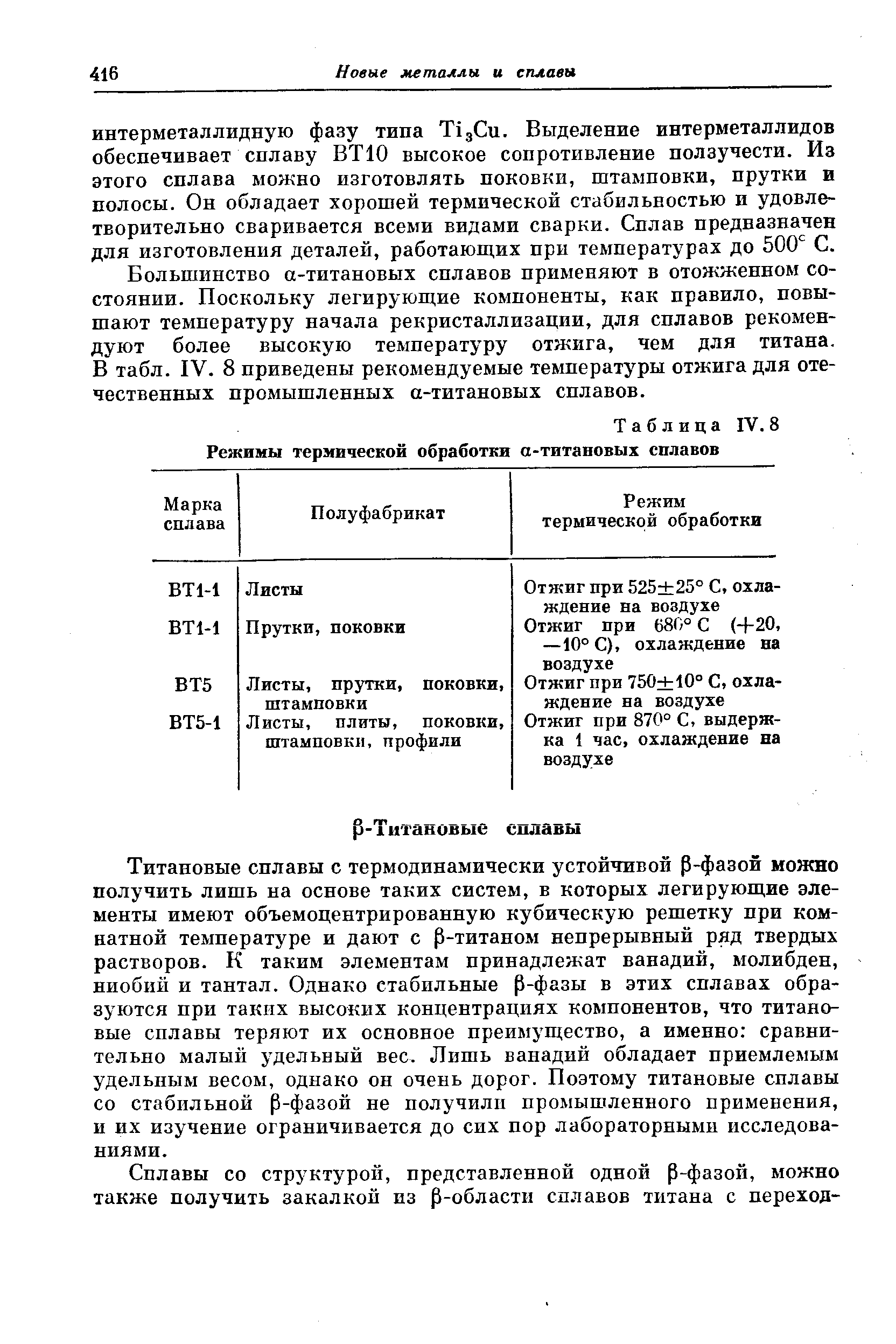 Таблица IV. 8 Режимы <a href="/info/6831">термической обработки</a> а-титановых сплавов
