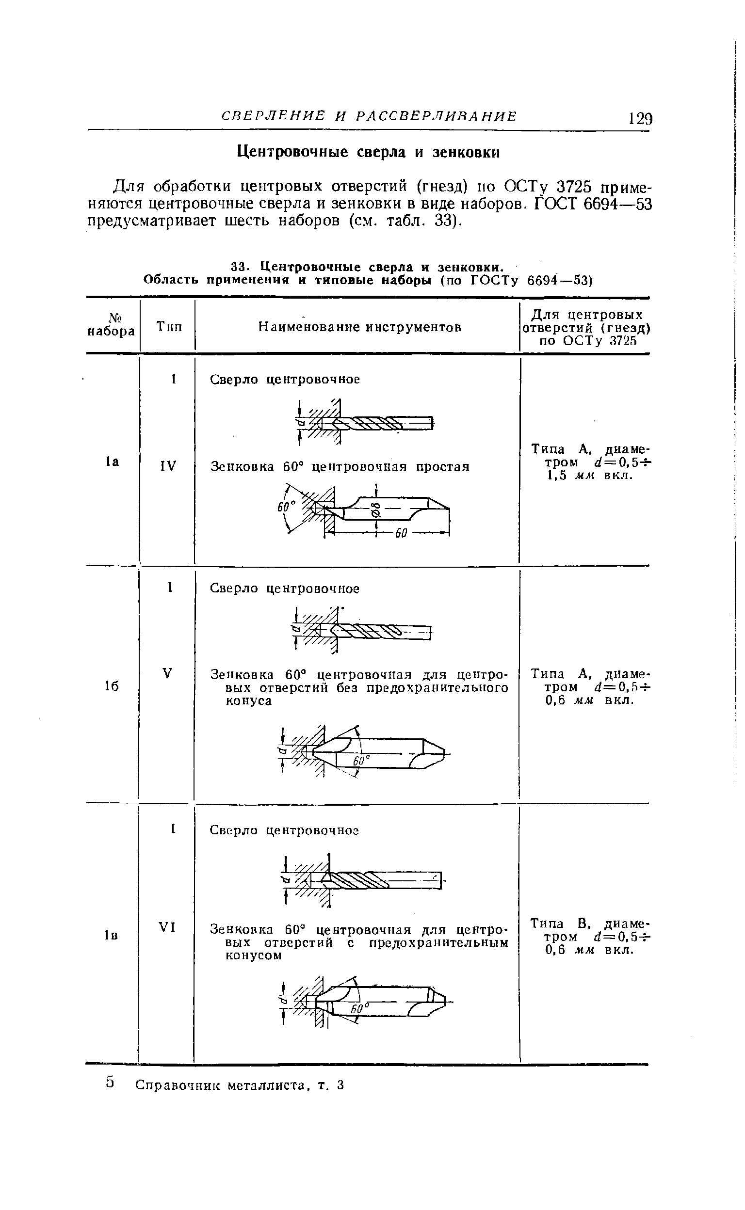 Для обработки центровых отверстий (гнезд) по ОСТу 3725 применяются центровочные сверла и зенковки в виде наборов. ГОСТ 6694—53 предусматривает шесть наборов (см. табл. 33).
