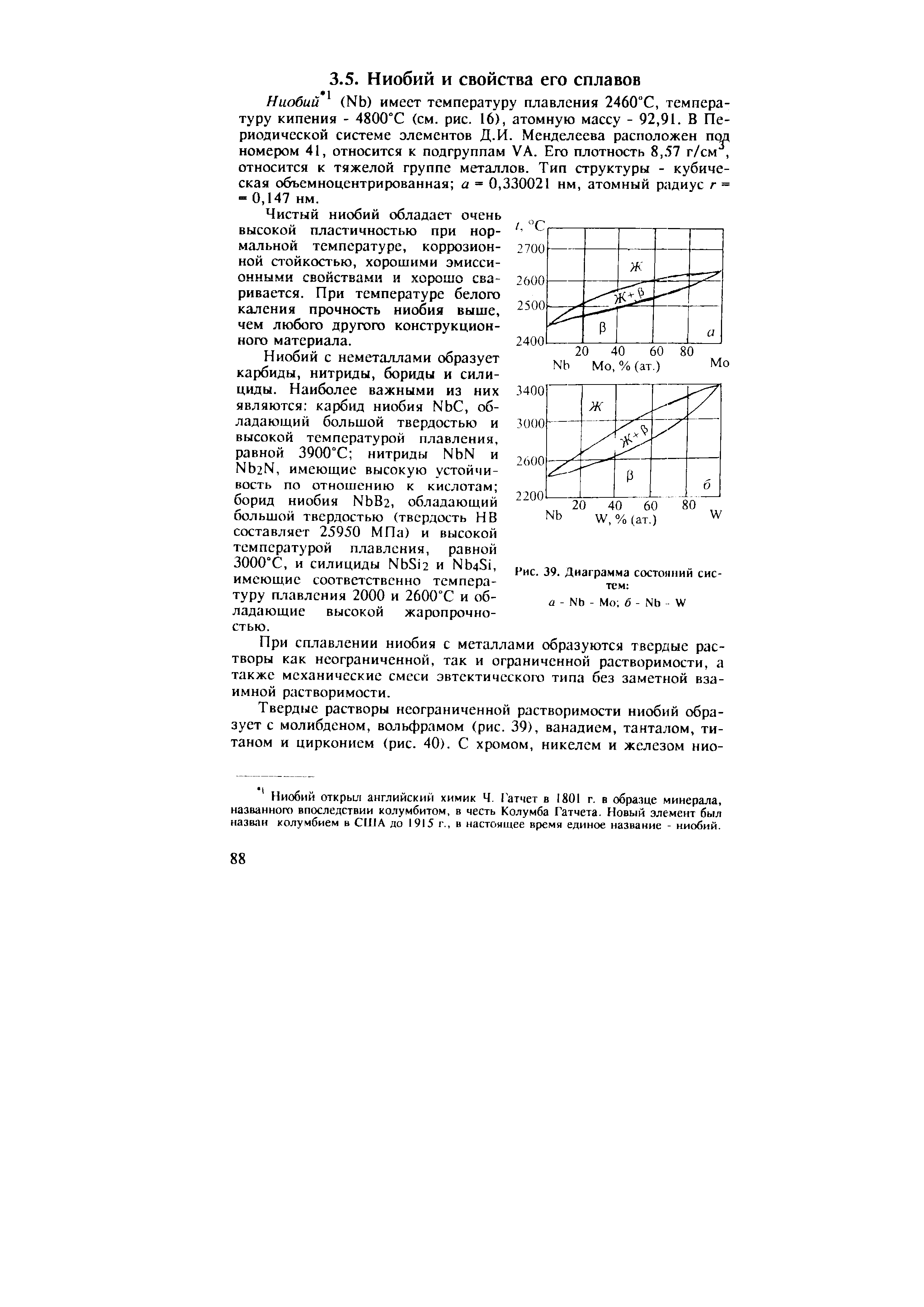 Ниобий (Nb) имеет температуру плавления 2460 С, температуру кипения - 4800°С (см. рис. 16), атомную массу - 92,91. В Периодической системе элементов Д.И. Менделеева расположен п номером 41, относится к подгруппам VA. Его плотность 8,.57 г/см, относится к тяжелой группе металлов. Тип структуры - кубическая объемноцентрированная а = 0,330021 нм, атомный радиус г = = 0,147 нм.
