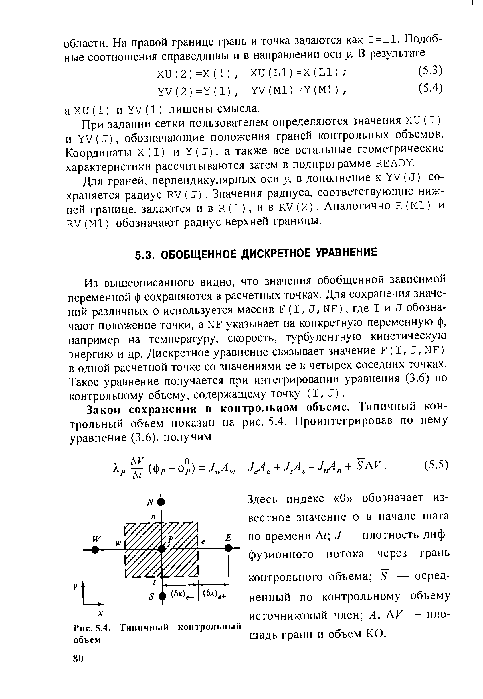 При задании сетки пользователем определяются значения XU (I) и YV(J), обозначающие положения граней контрольных объемов. Координаты Х(1) и Y(J), а также все остальные геометрические характеристики рассчитываются затем в подпрограмме READY.
