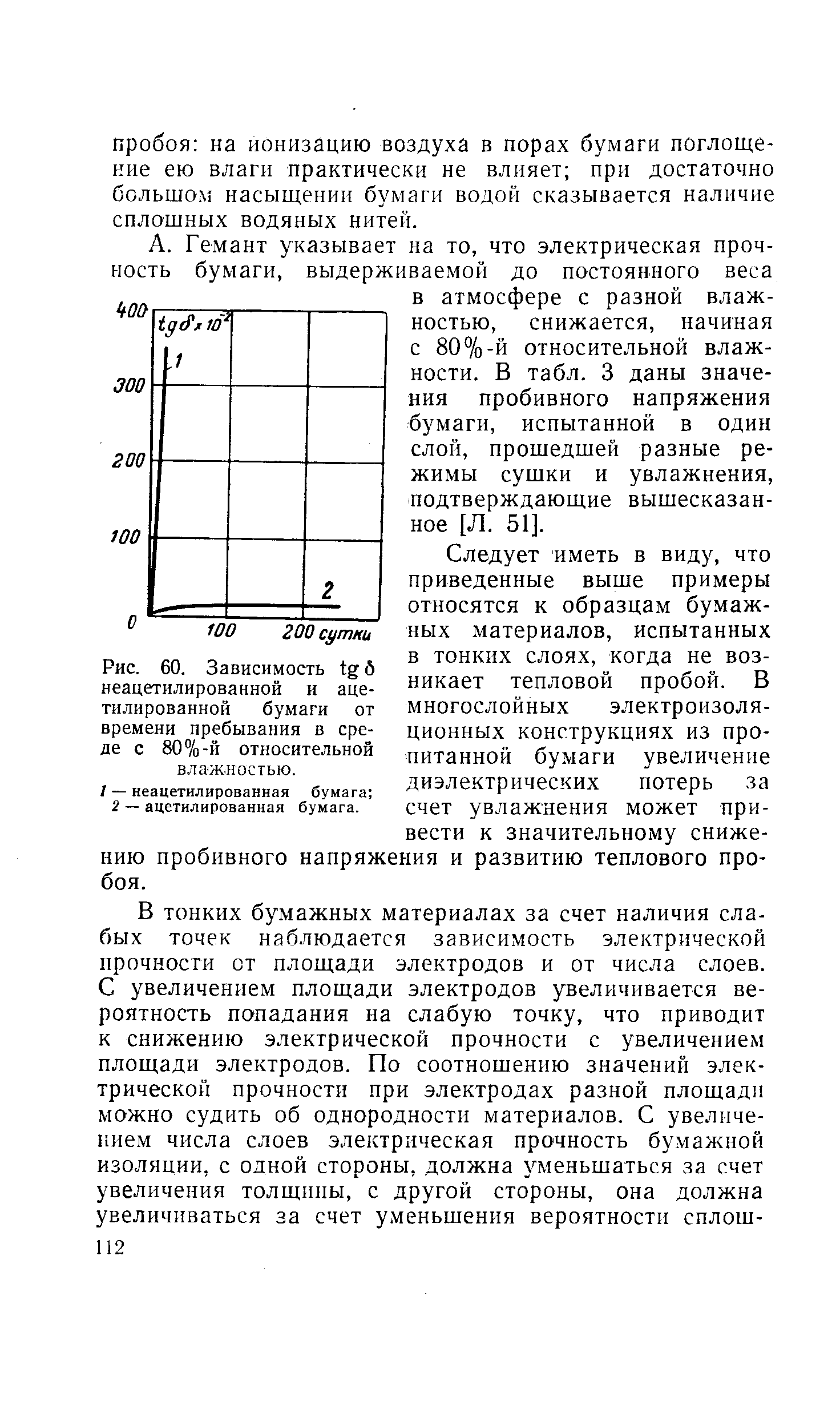 Рис. 60. Зависимость tg б неацетилированной и ацетилированной бумаги от времени пребывания в среде с 80%-й относительной влажностью.
