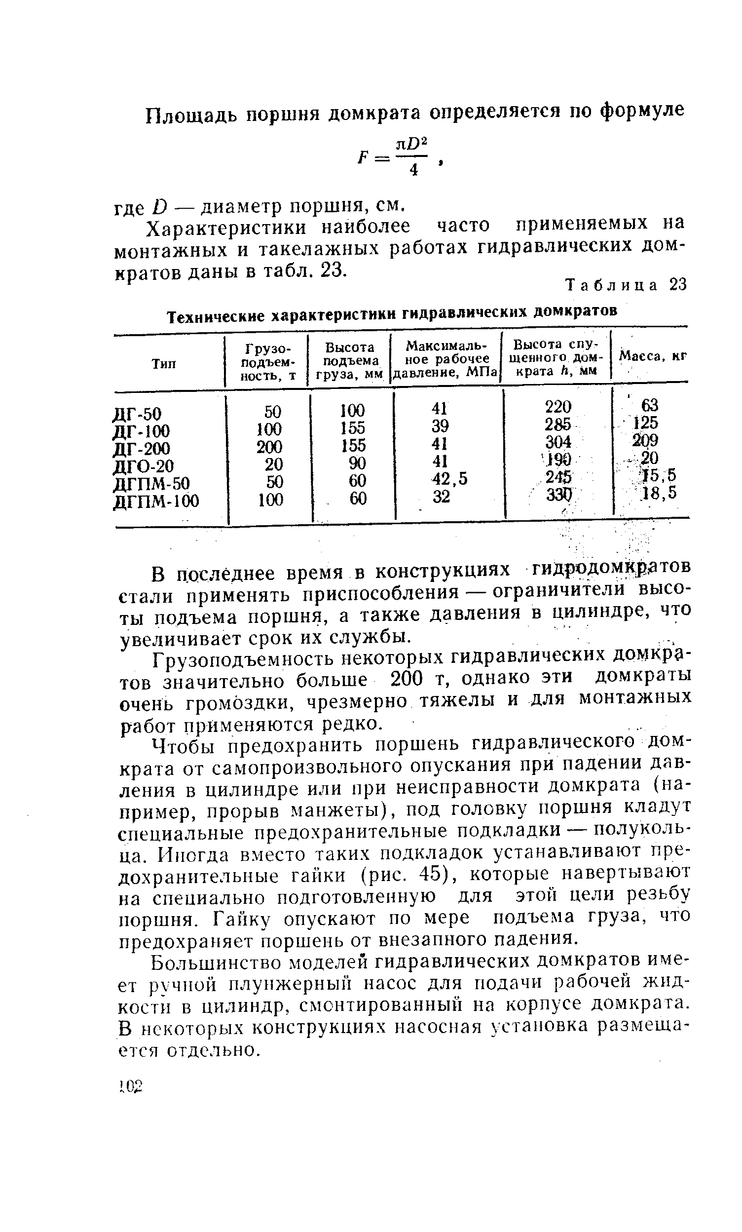 Таблица 23 Технические <a href="/info/64897">характеристики гидравлических</a> домкратов
