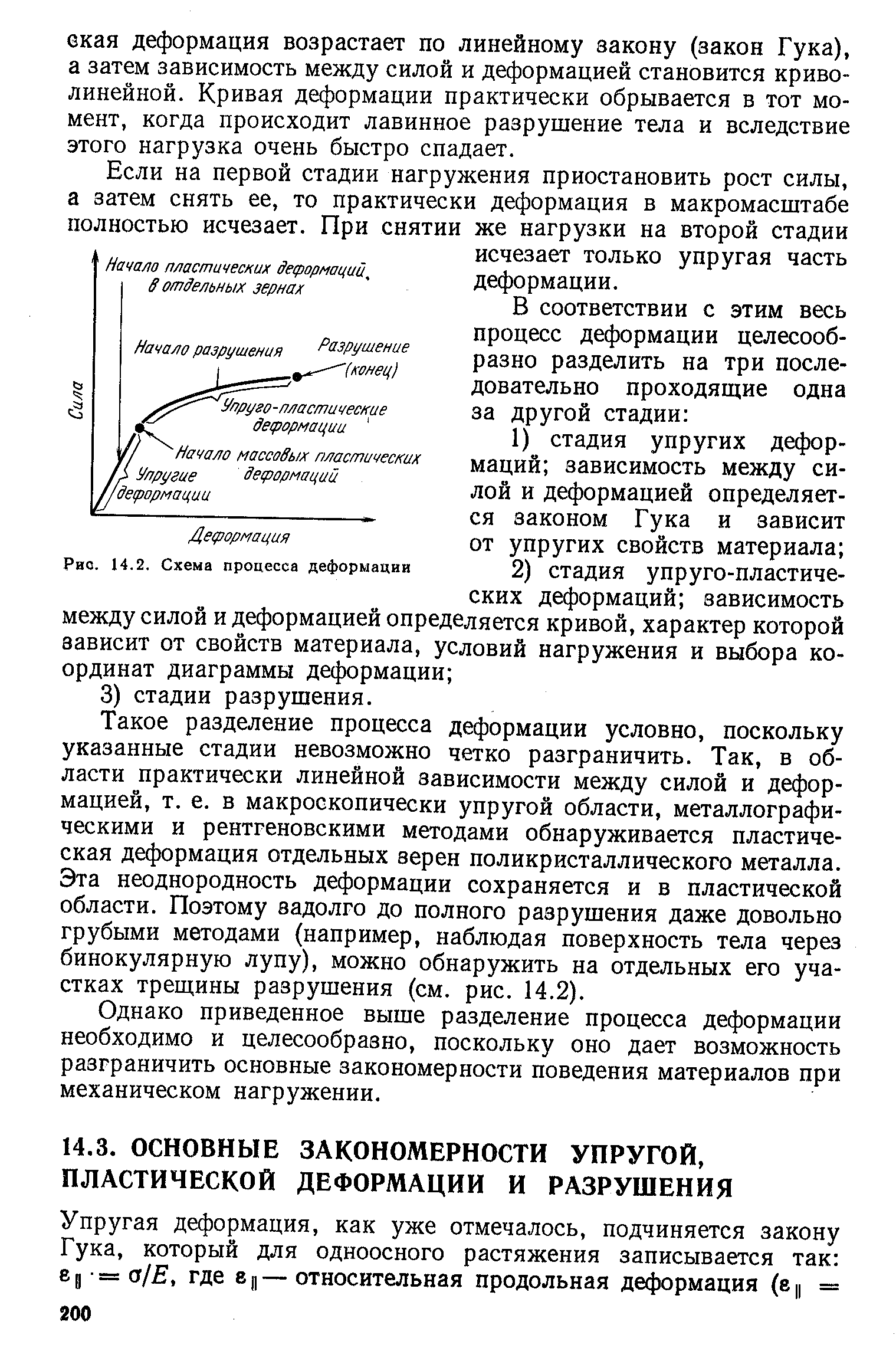 Такое разделение процесса деформации условно, поскольку указанные стадии невозможно четко разграничить. Так, в области практически линейной зависимости между силой и деформацией, т. е. в макроскопически упругой области, металлографическими и рентгеновскими методами обнаруживается пластическая деформация отдельных зерен поликристаллического металла. Эта неоднородность деформации сохраняется и в пластической области. Поэтому задолго до полного разрушения даже довольно грубыми методами (например, наблюдая поверхность тела через бинокулярную лупу), можно обнаружить на отдельных его участках трещины разрушения (см. рис. 14.2).
