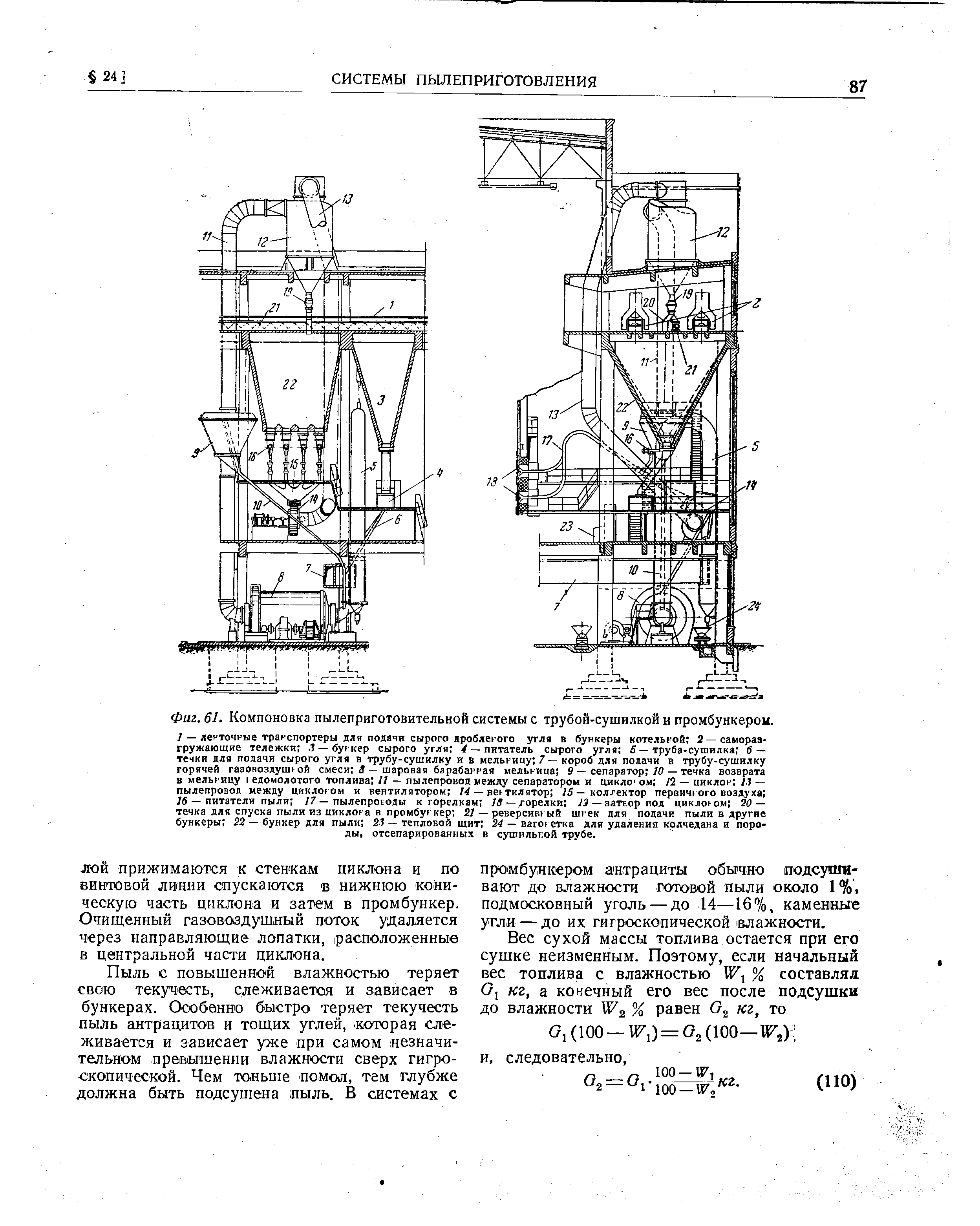 Фиг. 61. Компоновка пылеприготовительной системы с трубой-сушилкой и промбункерои.
