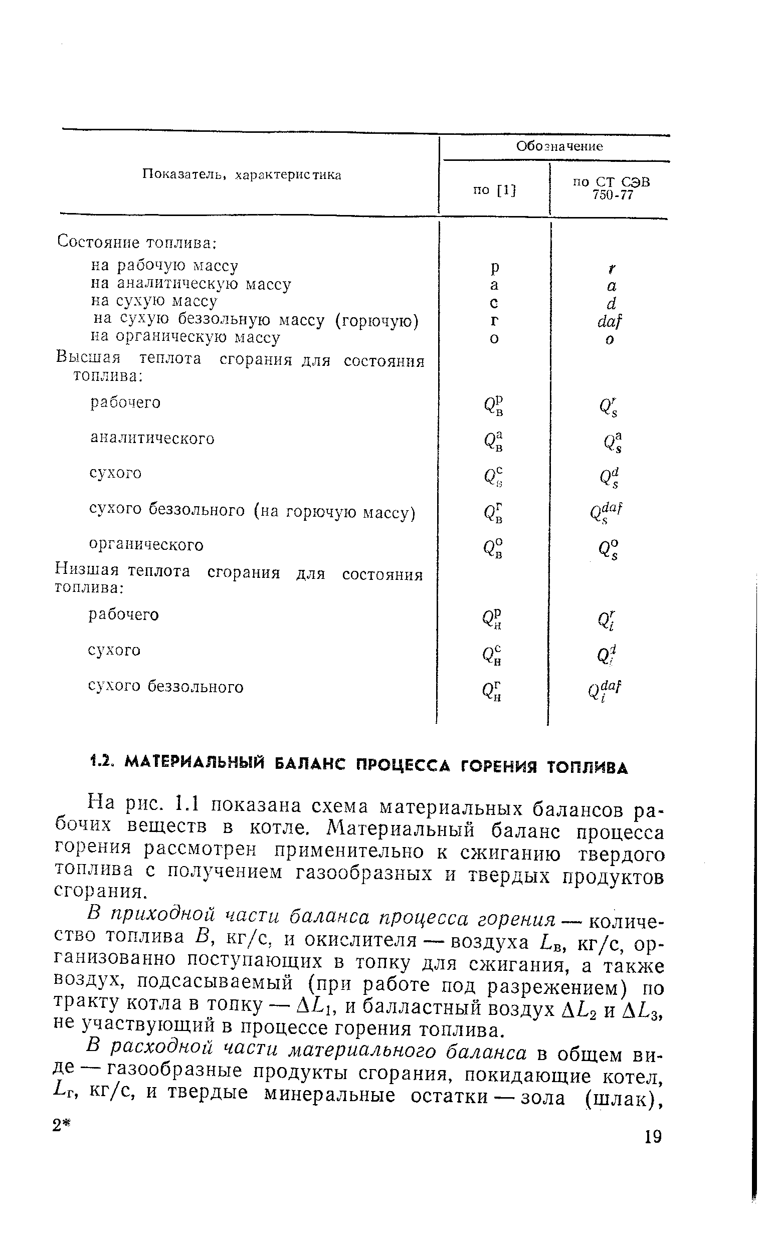 На рис. 1.1 показана схема материальных балансов рабочих веществ в котле. Материальный баланс процесса горения рассмотрен применительно к сжиганию твердого топлива с получением газообразных и твердых продуктов сгорания.
