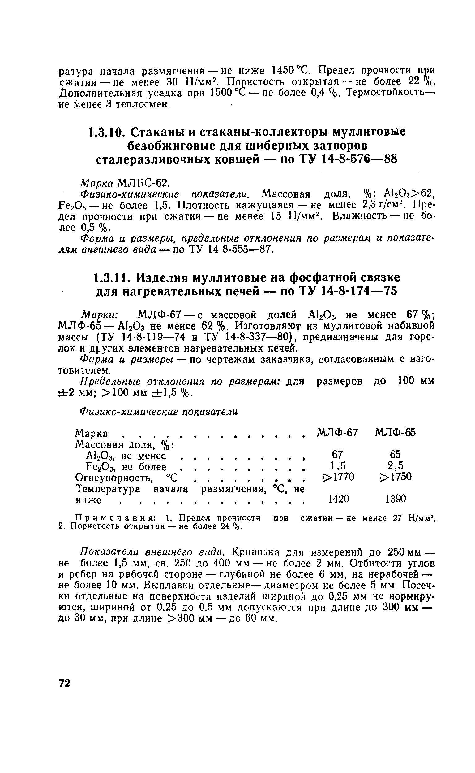 Физико-химические показатели. Массовая доля, % А120з 62. РегОз —не более 1,5. Плотность кажущаяся — не менее 2.3 г/см Предел прочности при сжатии —не менее 15 Н/мм . Влажность — не более 0,5 %.
