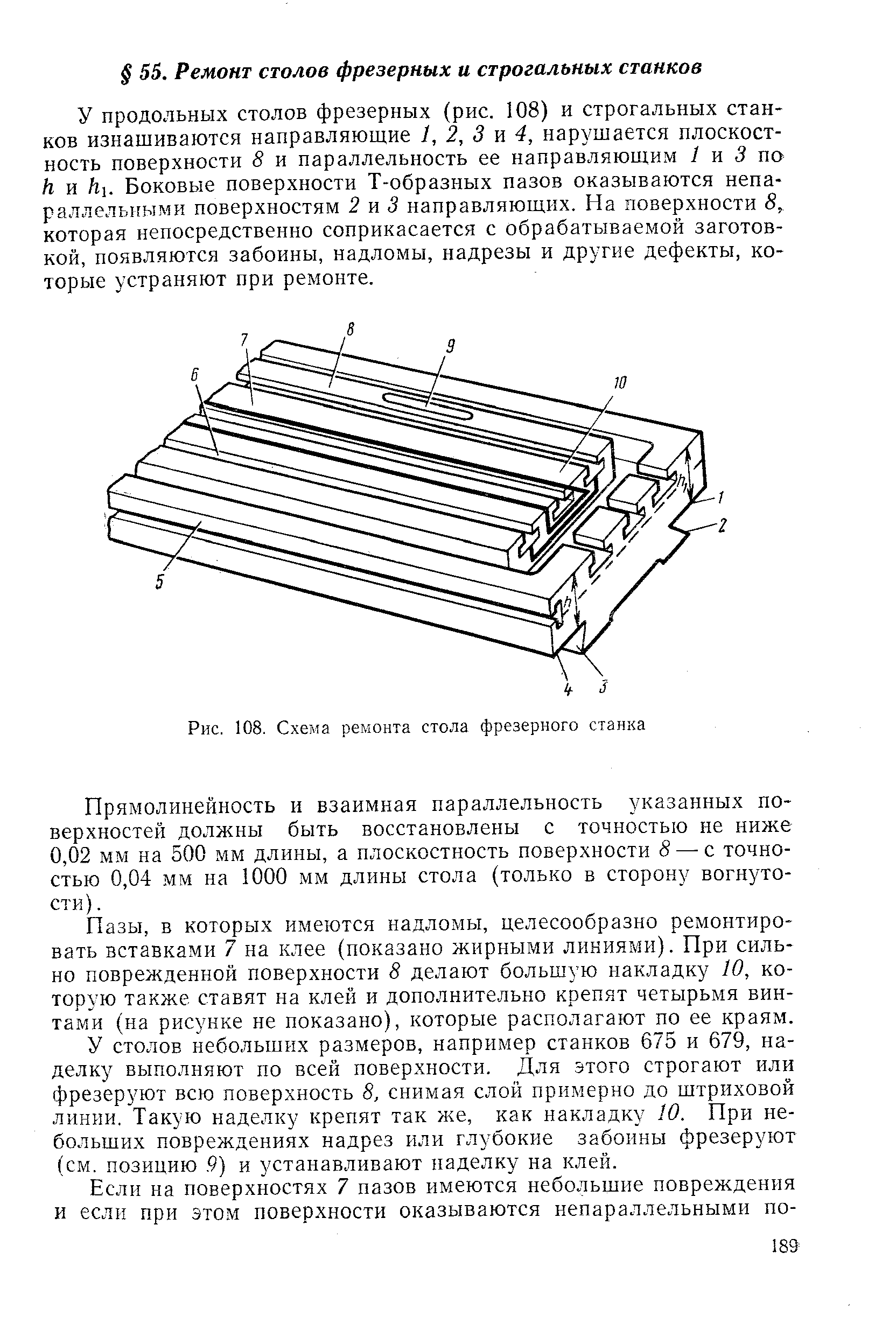 У продольных столов фрезерных (рис. 108) и строгальных станков изнашиваются направляющие 1, 2, 3 и 4, нарушается плоскостность поверхности 8 и параллельность ее направляющим 7 и 5 по h и hi. Боковые поверхности Т-образных пазов оказываются непараллельными поверхностям 2 и 3 направляющих. На поверхности 8, которая непосредственно соприкасается с обрабатываемой заготовкой, появляются забоины, надломы, надрезы и другие дефекты, которые устраняют при ремонте.
