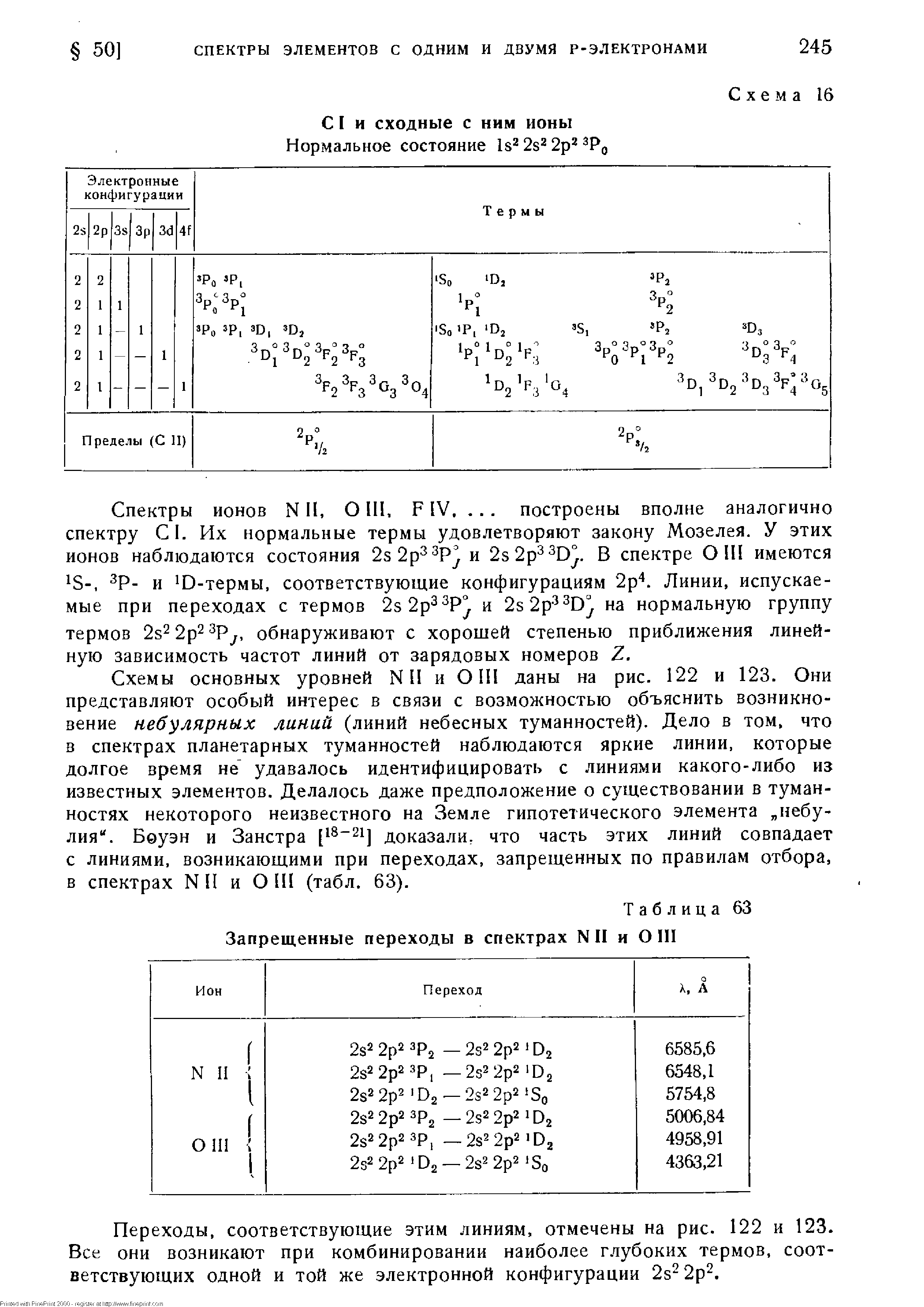 Таблица 63 Запрещенные переходы в спектрах NII и О III
