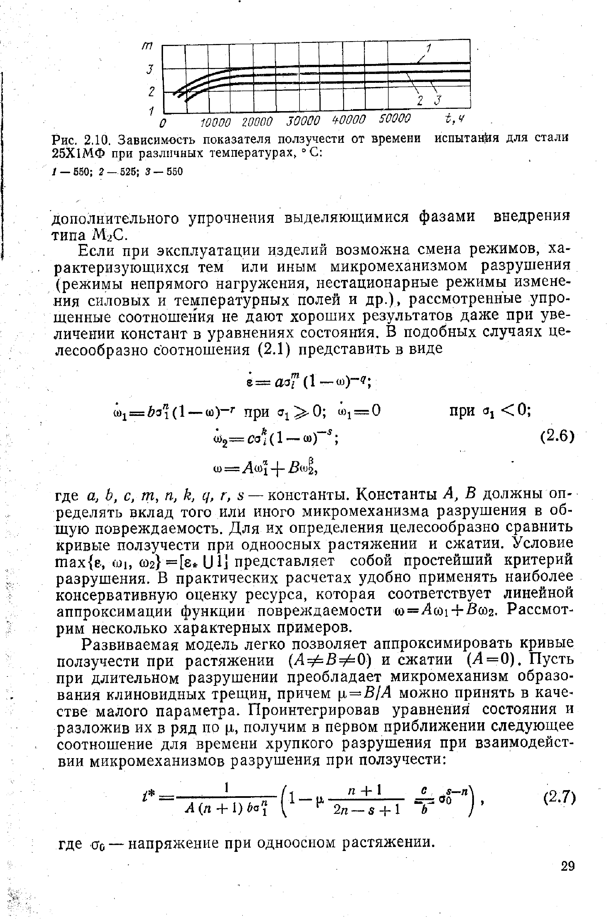 Рис. 2.10. Зависимость показателя ползучести от времени испытания для стали 25Х1МФ при различных температурах, °С 
