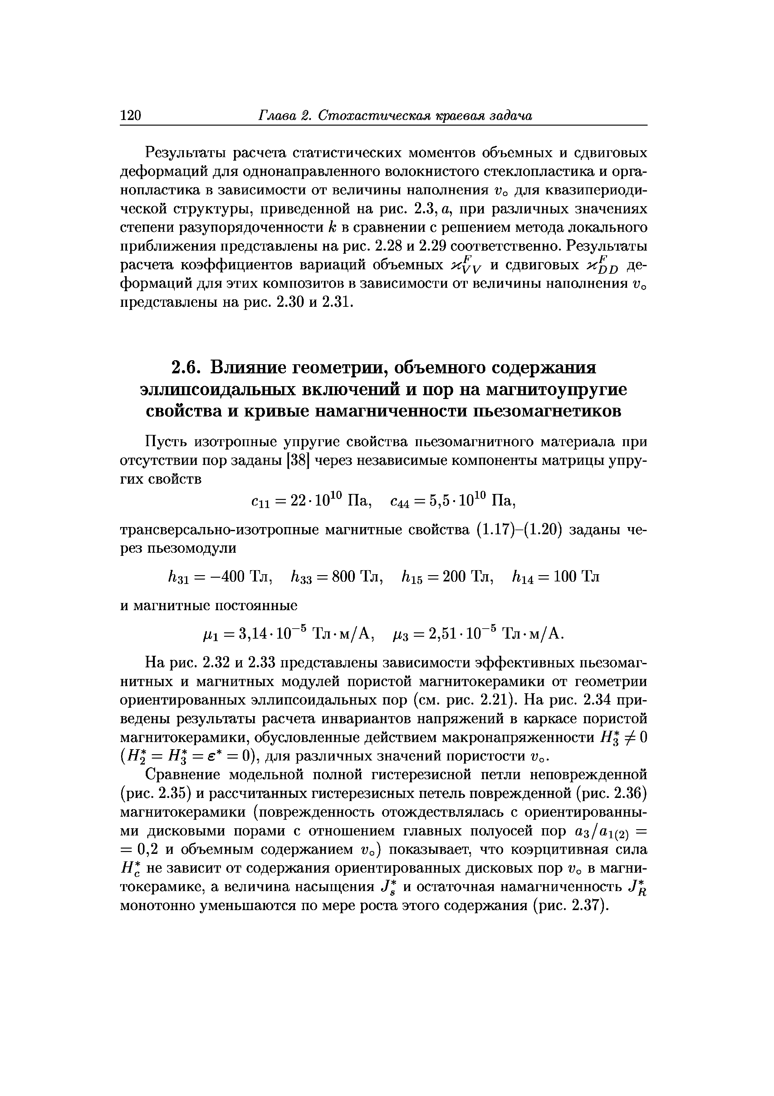 Сравнение модельной полной гистерезисной петли неповрежденной (рис. 2.35) и рассчитанных гистерезисных петель поврежденной (рис. 2.36) магнитокерамики (поврежденность отождествлялась с ориентированными дисковыми порами с отношением главных полуосей пор а /ак2) = = 0,2 и объемным содержанием г о) показывает, что коэрцитивная сила Н не зависит от содержания ориентированных дисковых пор Уо в магни-токерамике, а величина насыщения J и остаточная намагниченность Jд монотонно уменьшаются по мере роста этого содержания (рис. 2.37).
