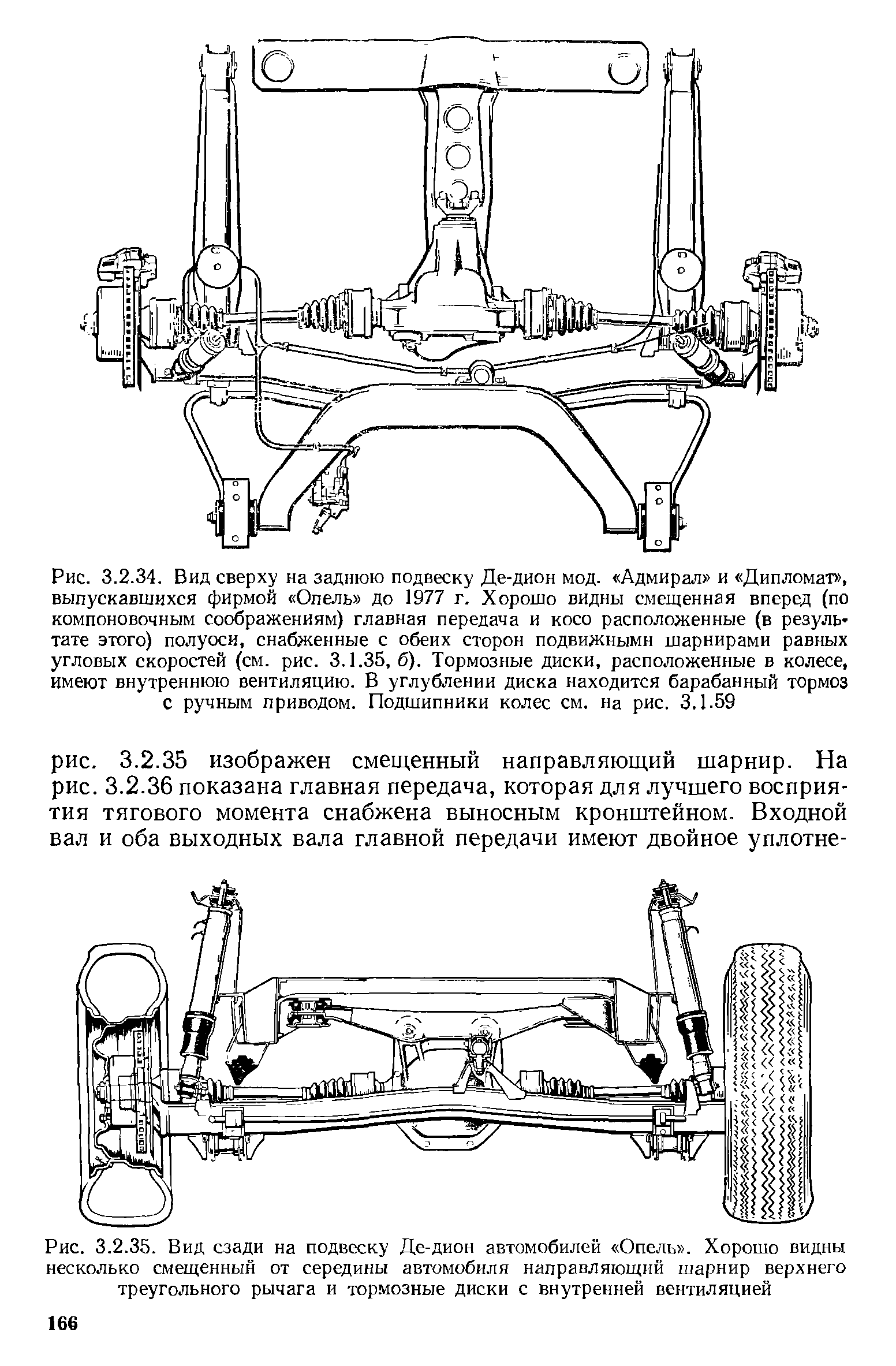 Рис. 3.2.35. Вид сзади на подвеску Де-дион автомобилей Опель . Хорошо видны несколько смещенный от середины автомобиля направляющий шарнир верхнего треугольного рычага и <a href="/info/250785">тормозные диски</a> с внутренней вентиляцией
