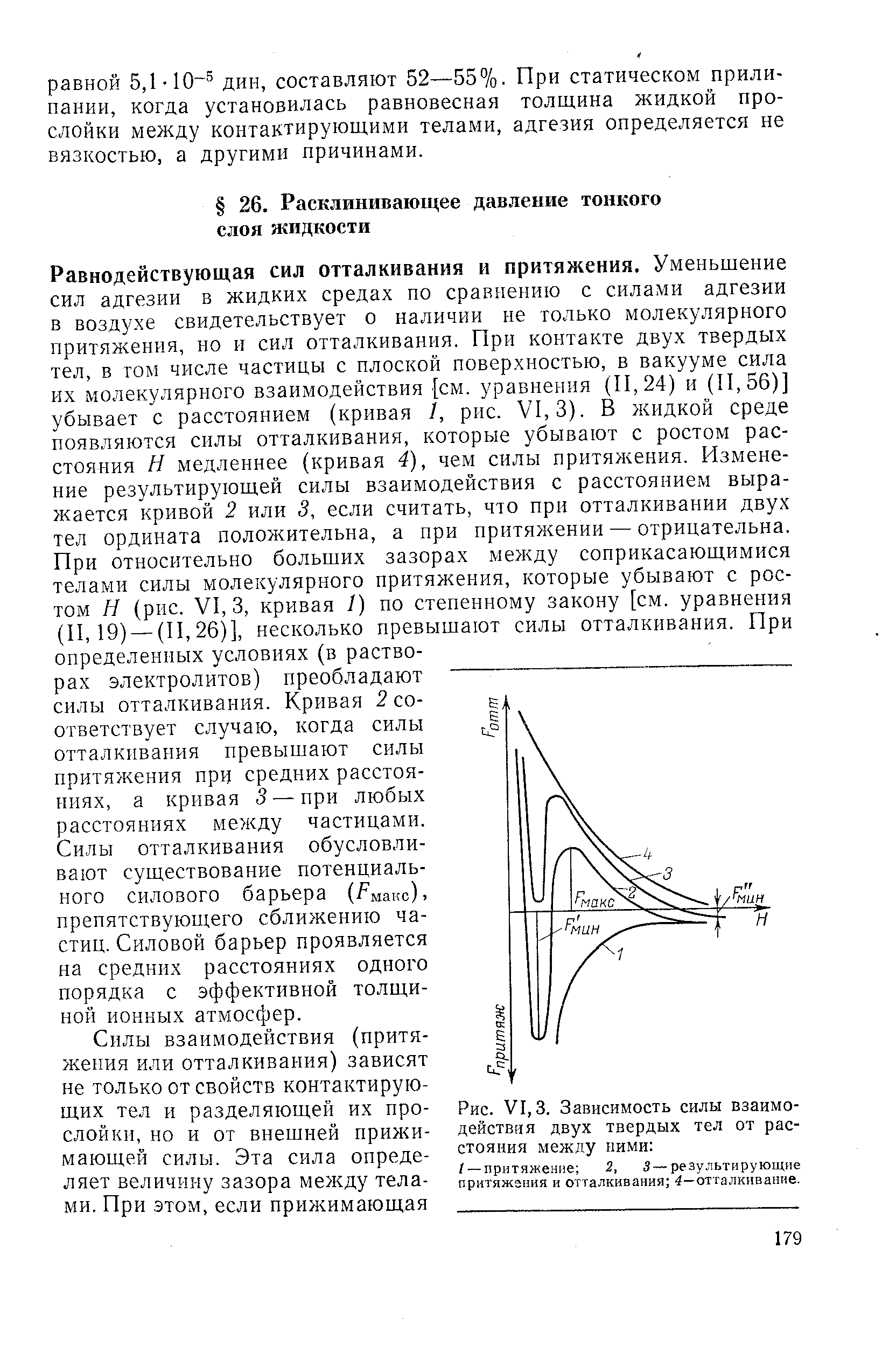 Рис. VI, 3. Зависимость <a href="/info/19293">силы взаимодействия</a> двух твердых тел от расстояния между ними 

