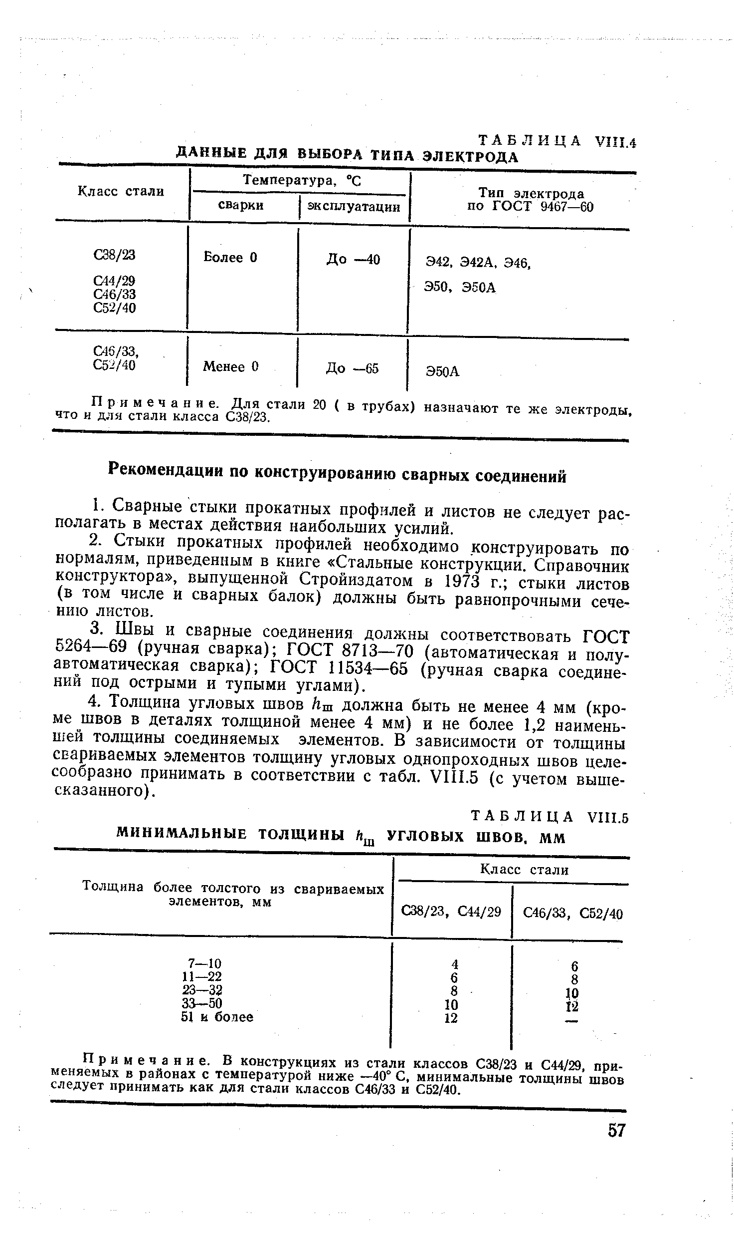 Примечание, В конструкциях из стали классов С38/23 и С44/29, применяемых в районах с температурой ниже —40° С, минимальные толщины швов следует принимать как для стали классов С46/33 и С52/40.
