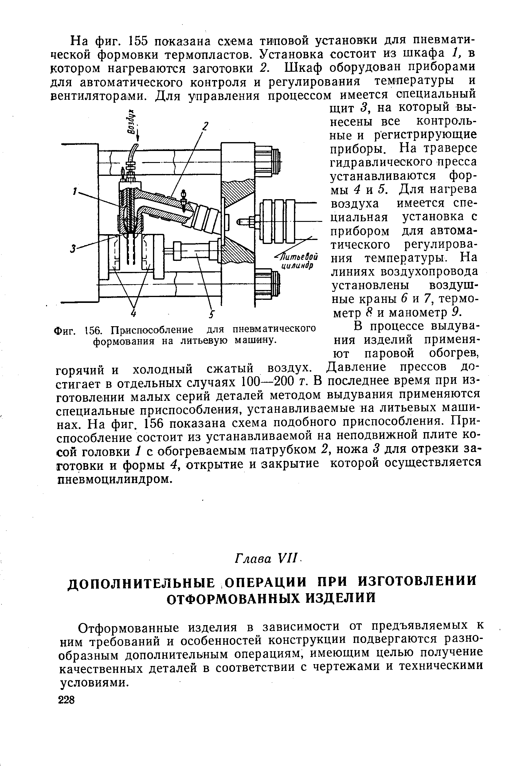 Фиг. 156. Приспособление для пневматического формования на литьевую машину.
