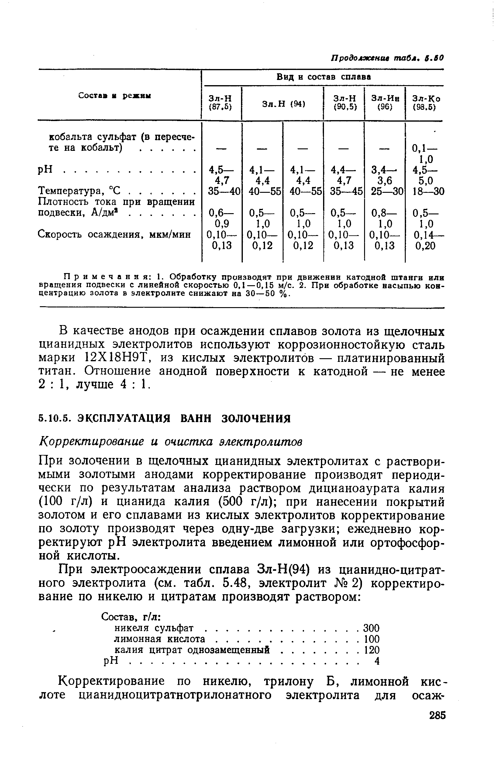 При золочении в щелочных цианидных электролитах с растворимыми золотыми анодами корректирование производят периодически по результатам анализа раствором дицианоаурата калия (100 г/л) и цианида калия (500 г/л) при нанесении покрытий золотом и его сплавами из кислых электролитов корректирование по золоту производят через одну-две загрузки ежедневно корректируют pH электролита введением лимонной или ортофосфорной кислоты.
