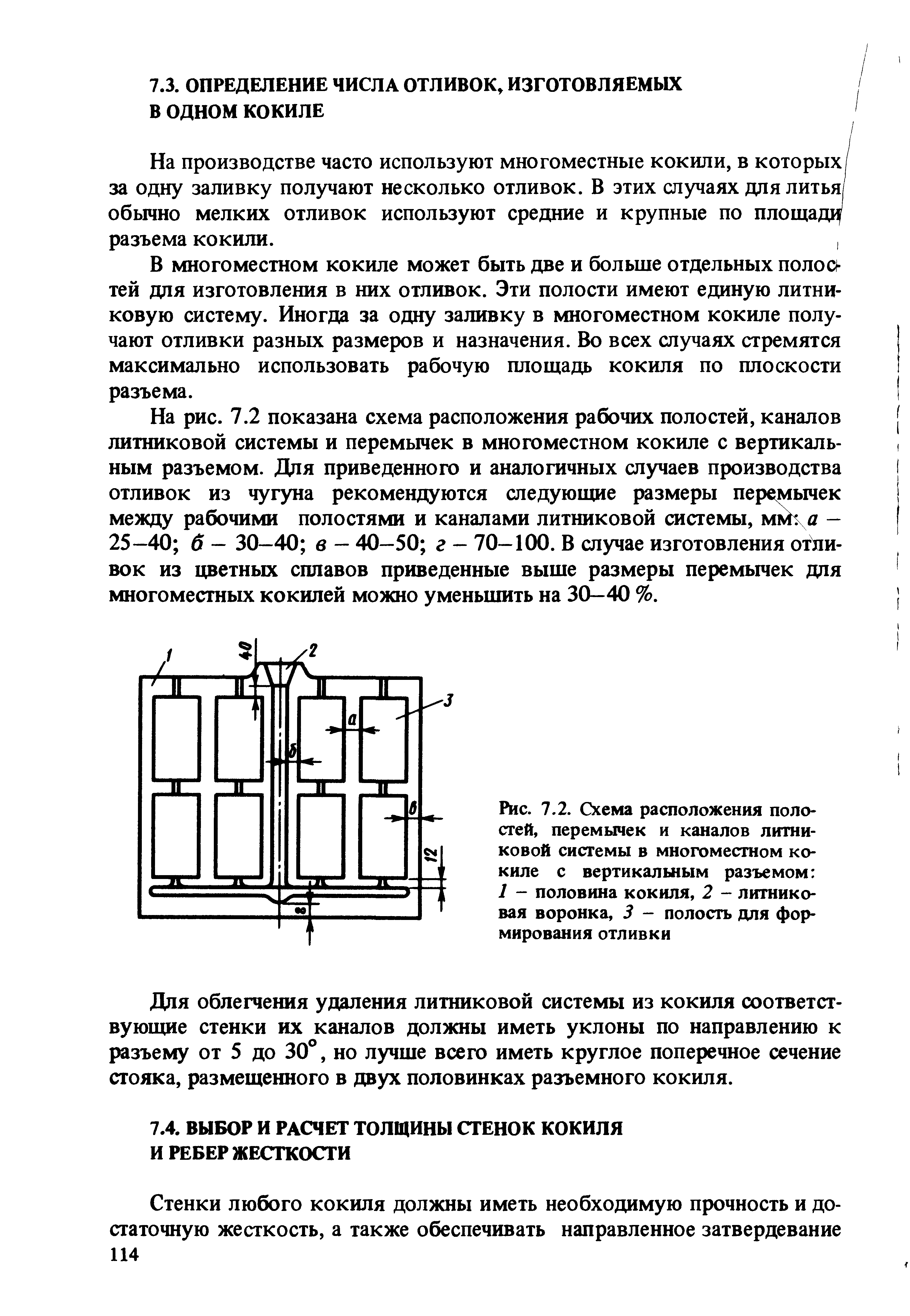 Рис. 7.2. Схема расположения полостей, перемычек и каналов литниковой системы в многоместном кокиле с вертикалы1ым разъемом 1 - половина кокиля, 2 - литниковая воронка, 3 - полость для формирования отливки
