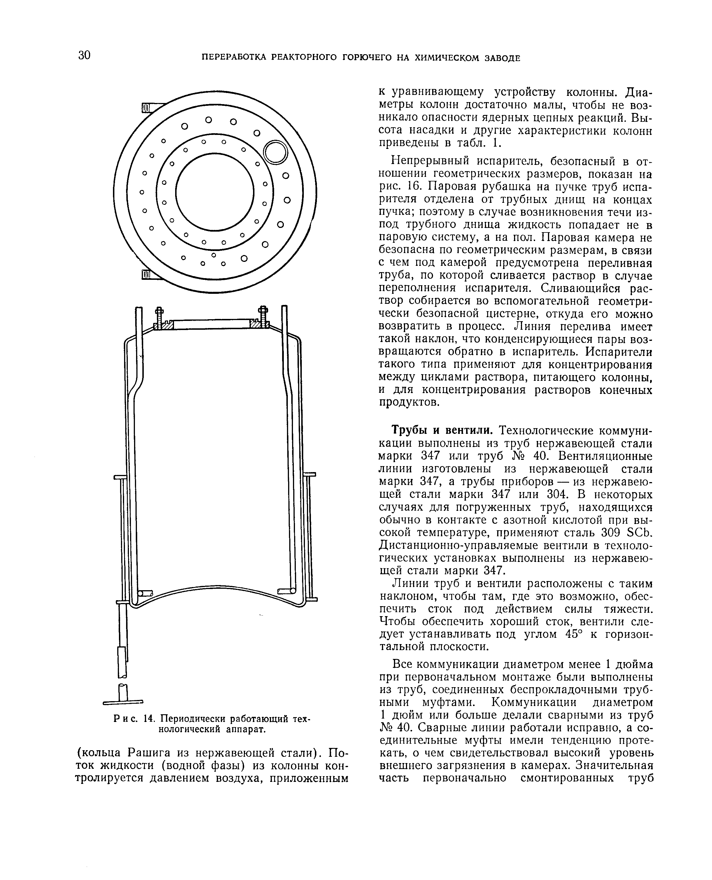 Трубы и вентили. Технологические коммуникации выполнены из труб нержавеющей стали марки 347 или труб 40. Вентиляционные линии изготовлены из нержавеющей стали марки 347, а трубы приборов — из нержавеющей стали марки 347 или 304. В некоторых случаях для погруженных труб, находящихся обычно в контакте с азотной кислотой при высокой температуре, применяют сталь 309 5СЬ. Дистанционно-управляемые вентили в технологических установках выполнены из нержавеющей стали марки 347.
