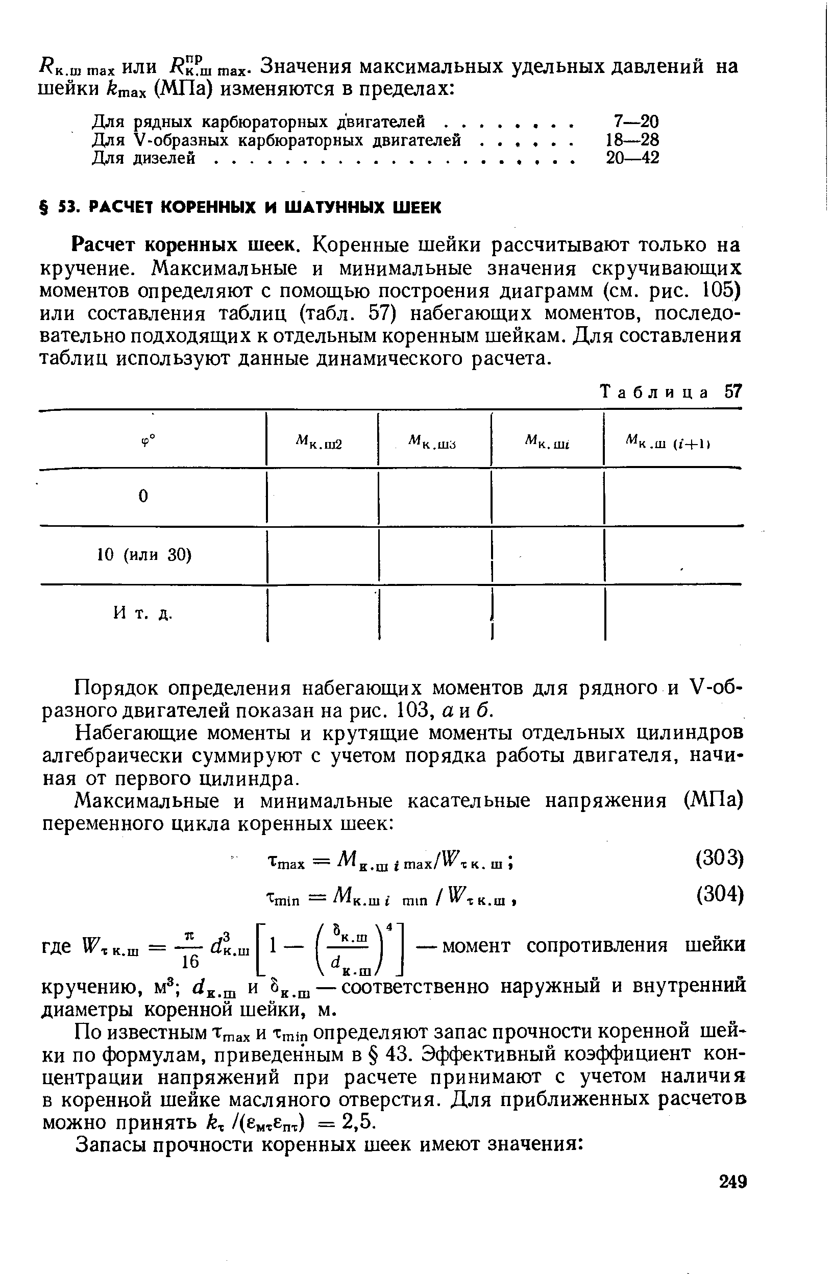 Расчет коренных шеек. Коренные шейки рассчитывают только на кручение. Максимальные и минимальные значения скручивающих моментов определяют с помощью построения диаграмм (см. рис. 105) или составления таблиц (табл. 57) набегающих моментов, последовательно подходящих к отдельным коренным шейкам. Для составления таблиц используют данные динамического расчета.
