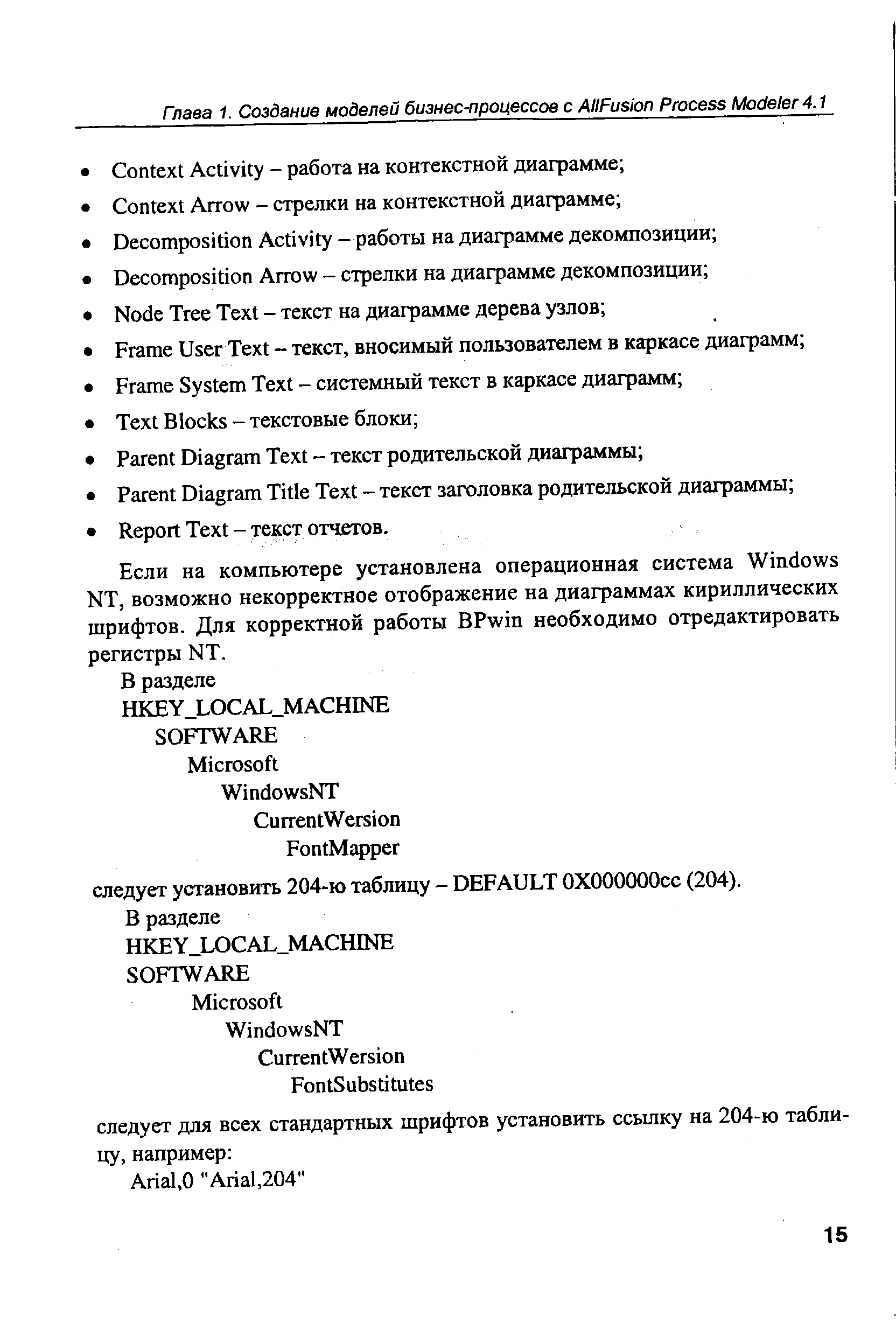 Если на компьютере установлена операционная система Windows NT, возможно некорректное отображение на диаграммах кириллических шрифтов. Для корректной работы BPwin необходимо отредактировать регистры NT.
