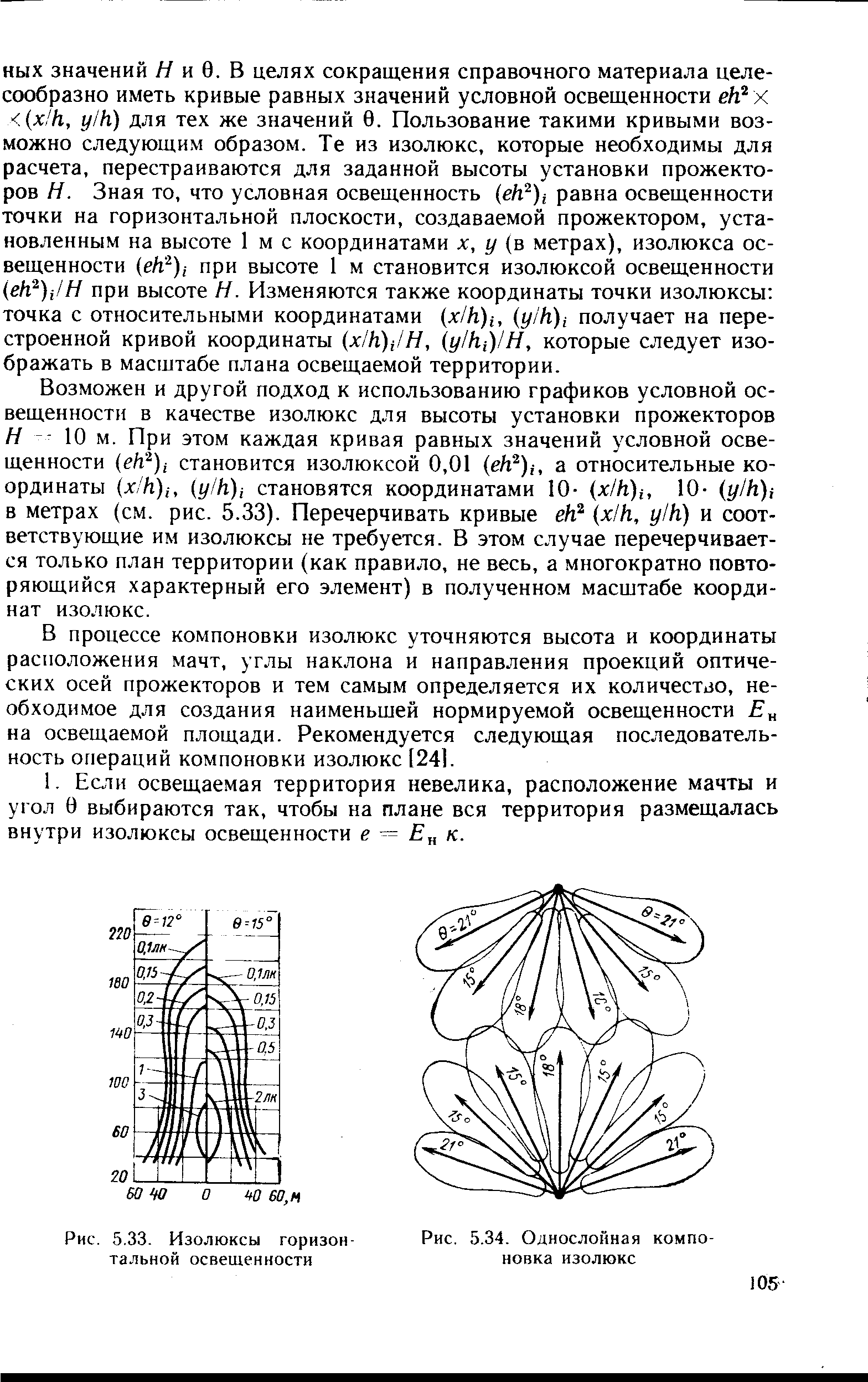 Возможен и другой подход к использованию графиков условной освещенности в качестве изолюкс для высоты установки прожекторов Н -- 10 м. При этом каждая кривая равных значений условной освещенности (eh )i становится изолюксой 0,01 (еЛ ) , а относительные координаты (x/h)i, (y/h)i становятся координатами 10- (x/h)i, 10- (y//i)i в метрах (см. рис. 5.33). Перечерчивать кривые eh (x/h, y/h) и соответствующие им изолюксы не требуется. В этом случае перечерчивается только план территории (как правило, не весь, а многократно повторяющийся характерный его элемент) в полученном масштабе координат изолюкс.
