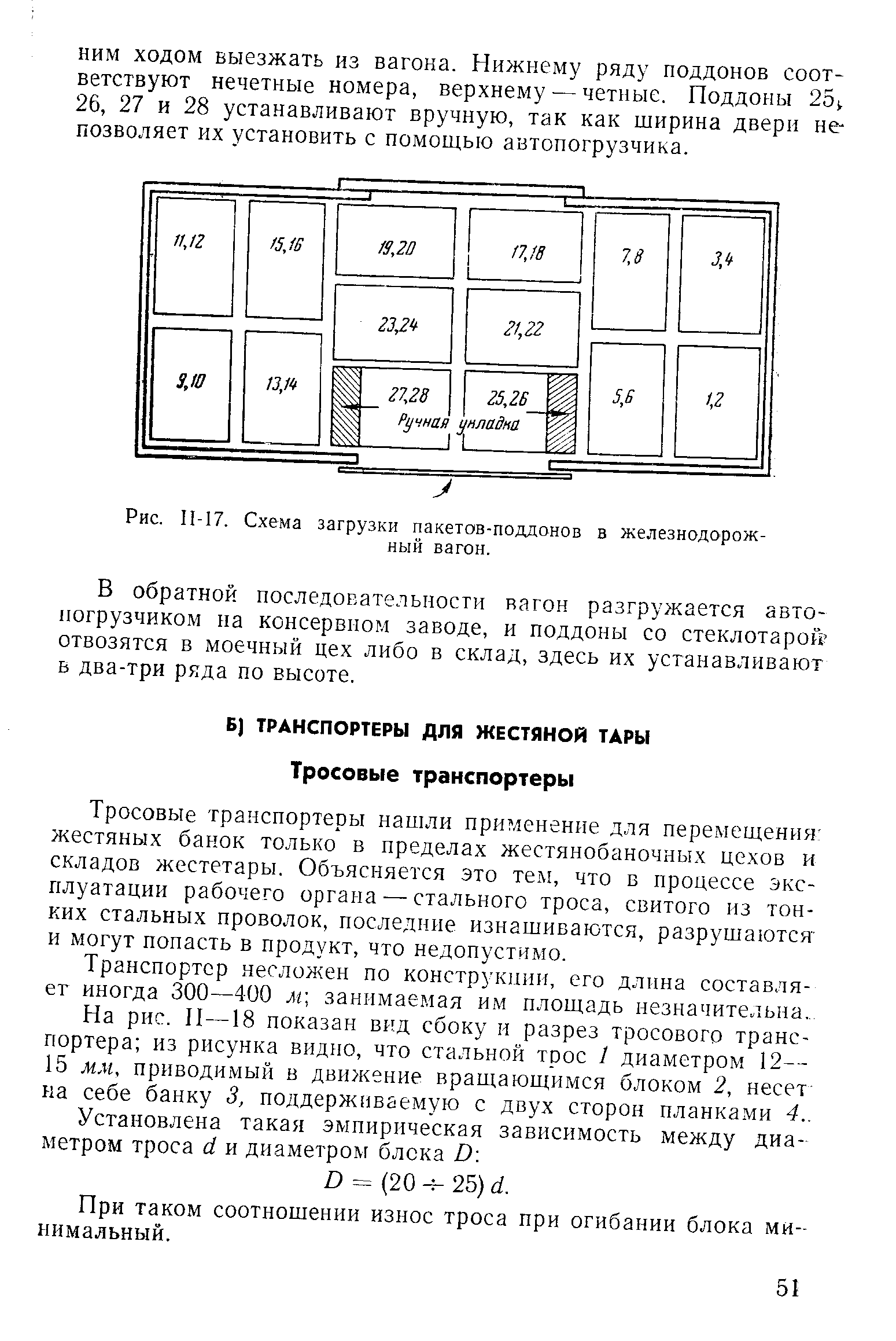 Тросовые транспортеры нашли применение для перемепдения жестяных банок только в пределах жестянобаночных цехов и складов жестетары. Объясняется это тем, что в процессе эксплуатации рабочего органа — стального троса, свитого из тонких стальных проволок, последние изнашиваются, разрушаются и могут попасть в продукт, что недопустимо.
