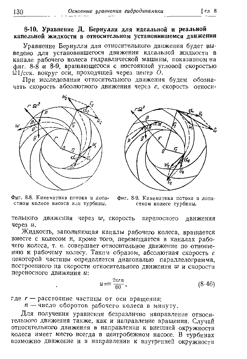 Уравнение Бернулли для относительного движения будет выведено для установившегося движения идеальной жидкости в канале рабочего колеса гидравлической машины, показашюм на фиг. 8-8 и 8-9, вращающегося с постоянной угловой скоростью т/сск. вокруг оси, проходящей через цецтр О.
