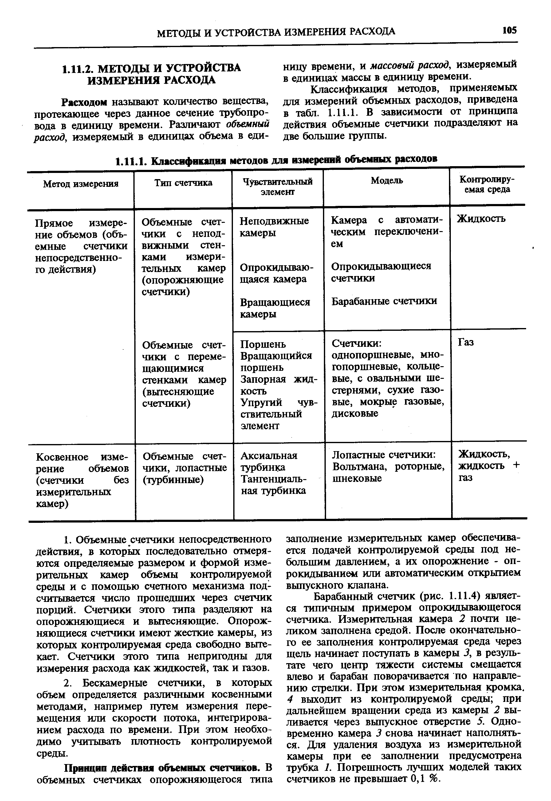 Классификация методов, применяемых для измерений объемных расходов, приведена в табл. 1.11.1. В зависимости от принципа действия объемные счетчики подразделяют на две большие группы.
