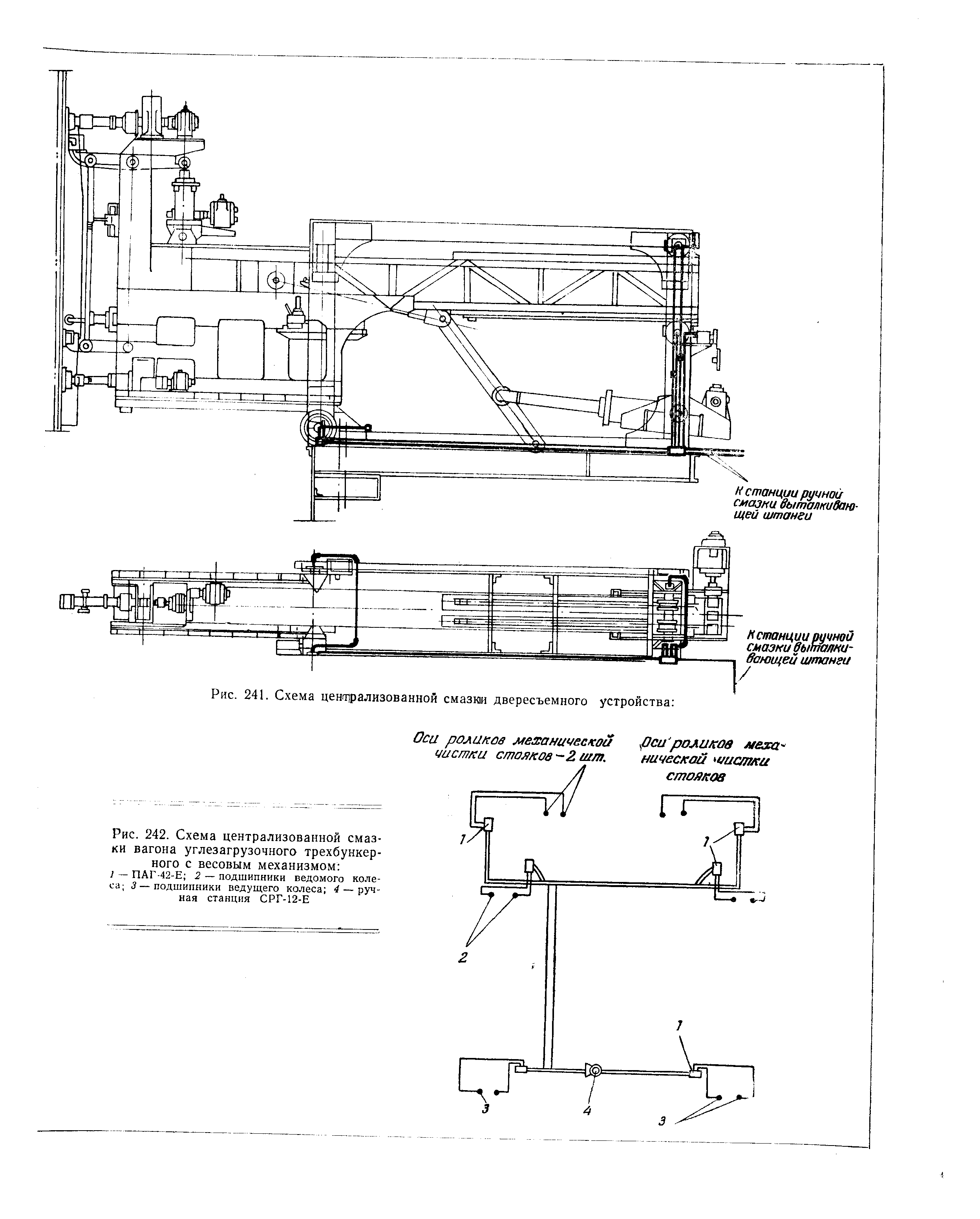 Рис. 242. Схема централизованной смазки <a href="/info/695646">вагона углезагрузочного</a> трехбункерного с весовым механизмом 
