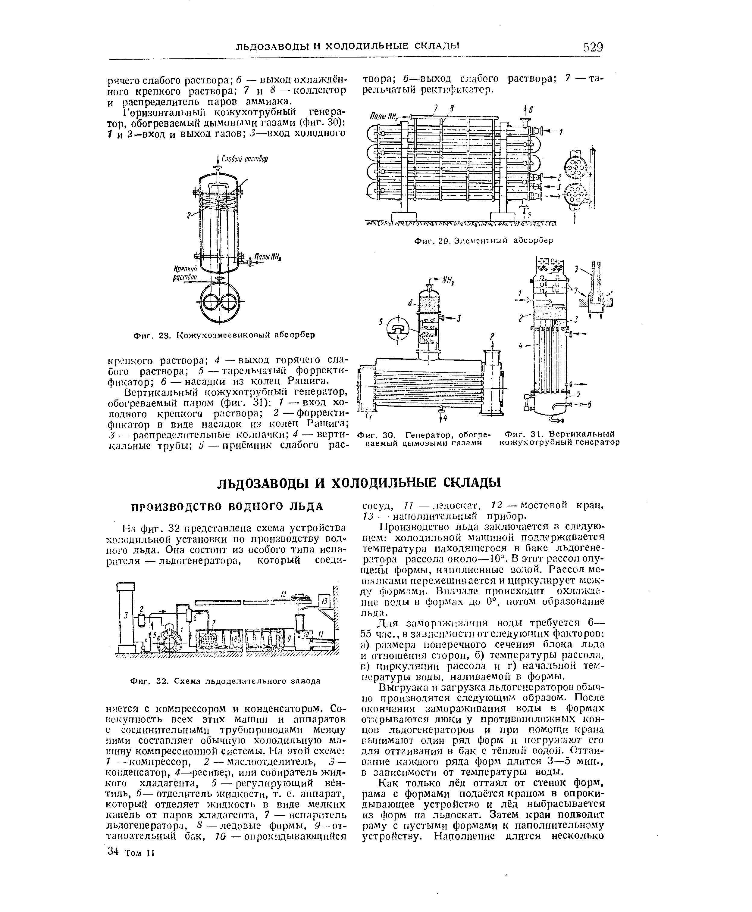 Производство льда заключается в следующем холодильной Машиной поддерживается температура находящегося в баке льдогенератора рассола около—10°. В этот рассол опу-щелы формы, наполненные водой. Рассол ме-ша. ками перемешивается и цирку пфует между формами. Вначале происходит охлаждение воды в формах до 0°, потом образование льда.
