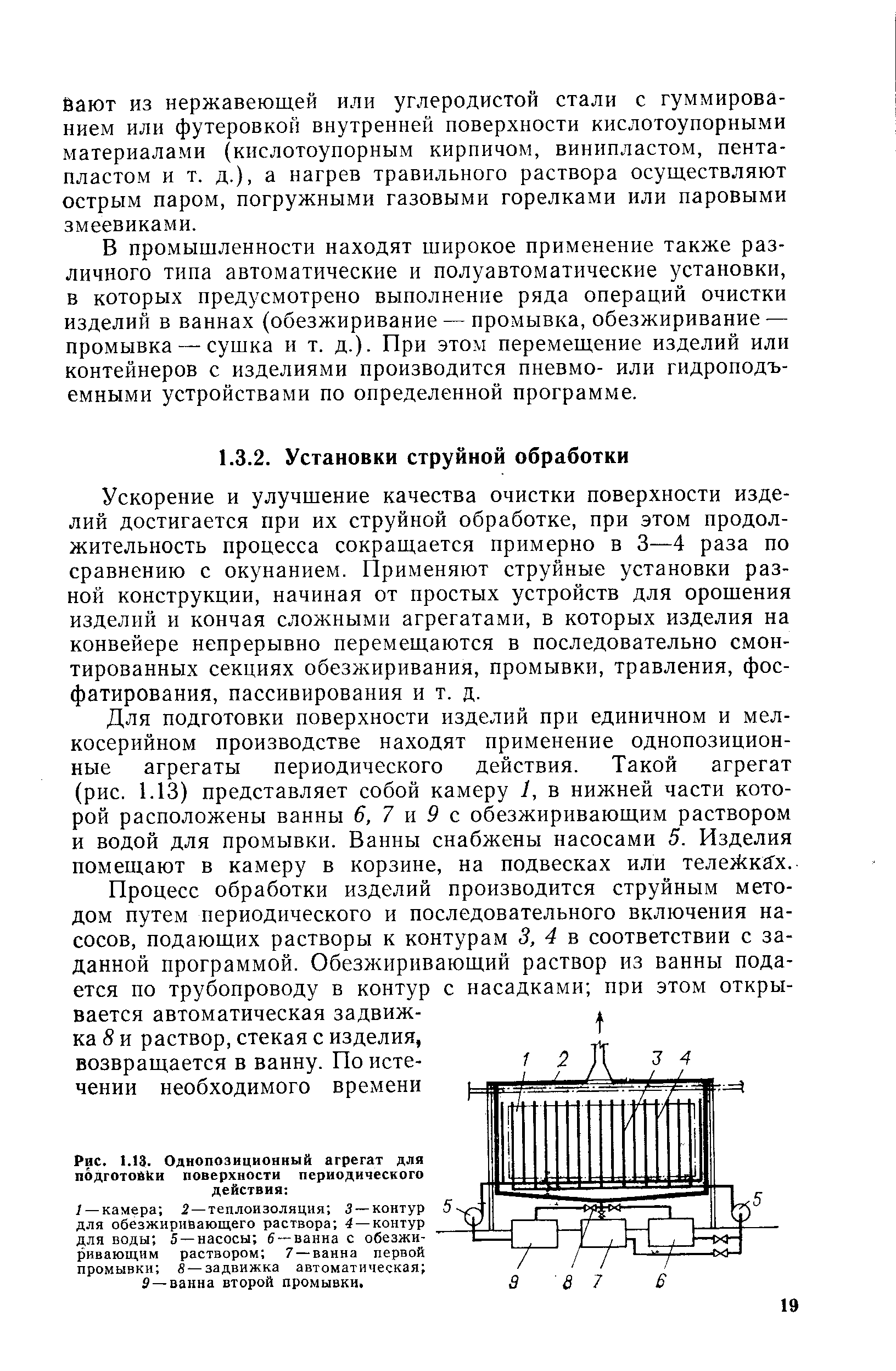 Ускорение и улучшение качества очистки поверхности изделий достигается при их струйной обработке, при этом продолжительность процесса сокращается примерно в 3—4 раза по сравнению с окунанием. Применяют струйные установки разной конструкции, начиная от простых устройств для орошения изделий и кончая сложными агрегатами, в которых изделия на конвейере непрерывно перемещаются в последовательно смонтированных секциях обезжиривания, промывки, травления, фосфатирования, пассивирования и т. д.
