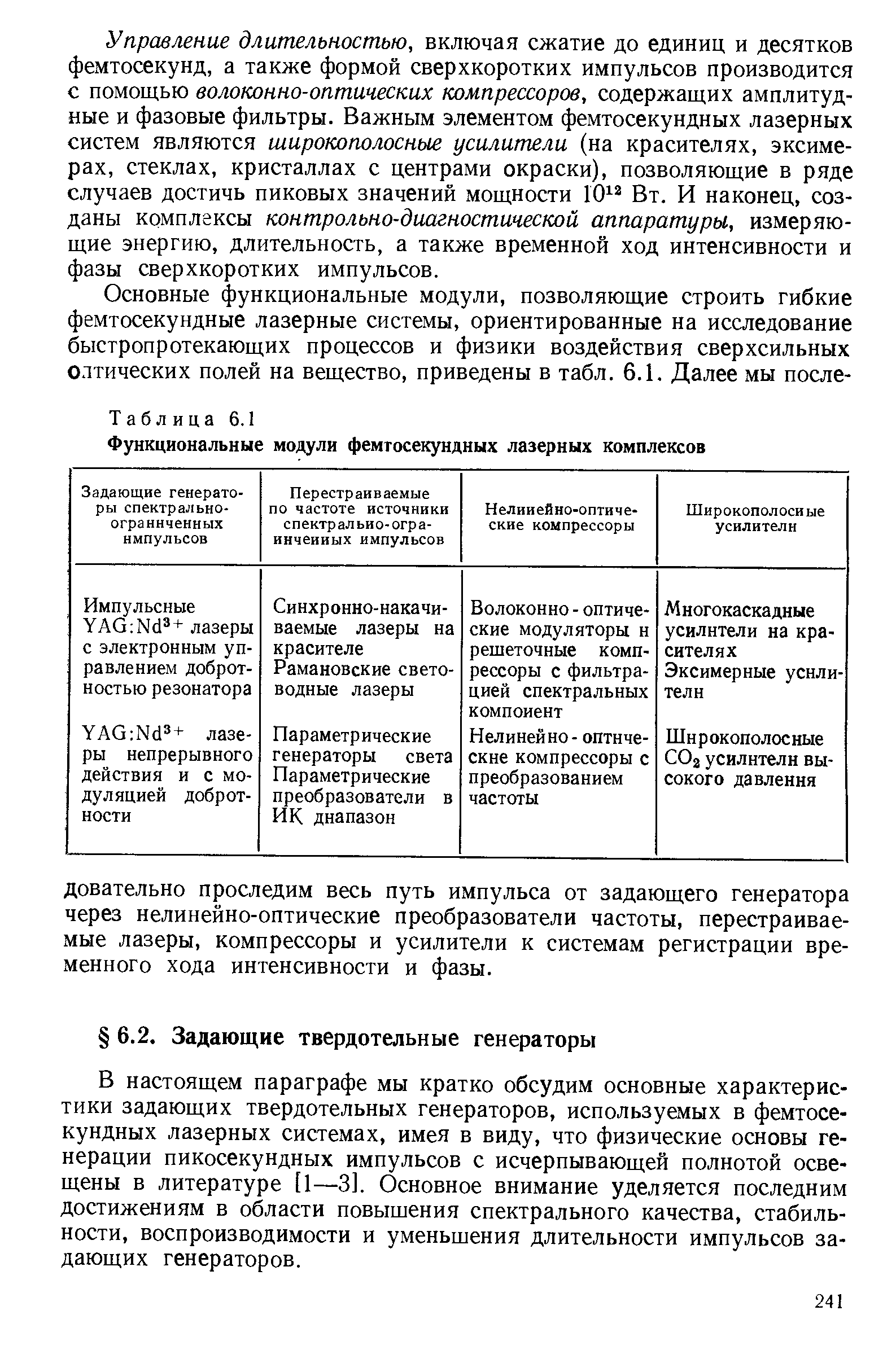 В настоящем параграфе мы кратко обсудим основные характеристики задающих твердотельных генераторов, используемых в фемтосекундных лазерных системах, имея в виду, что физические основы генерации пикосекундных импульсов с исчерпывающей полнотой освещены в литературе [1—3]. Основное внимание уделяется последним достижениям в области повышения спектрального качества, стабильности, воспроизводимости и уменьшения длительности импульсов задающих генераторов.
