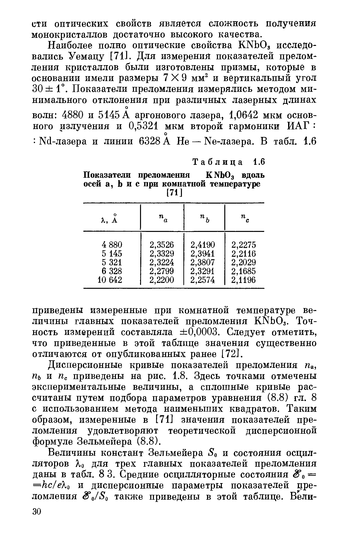 Дисперсионные кривые показателей преломления Па, Пь и приведены на рис. 1.8. Здесь точками отмечены экспериментальные величины, а сплошные кривые рассчитаны путем подбора параметров уравнения (8.8) гл. 8 с использованием метода наименьших квадратов. Таким образом, измеренные в [71] значения показателей преломления удовлетворяют теоретической дисперсионной формуле Зельмейера (8.8).
