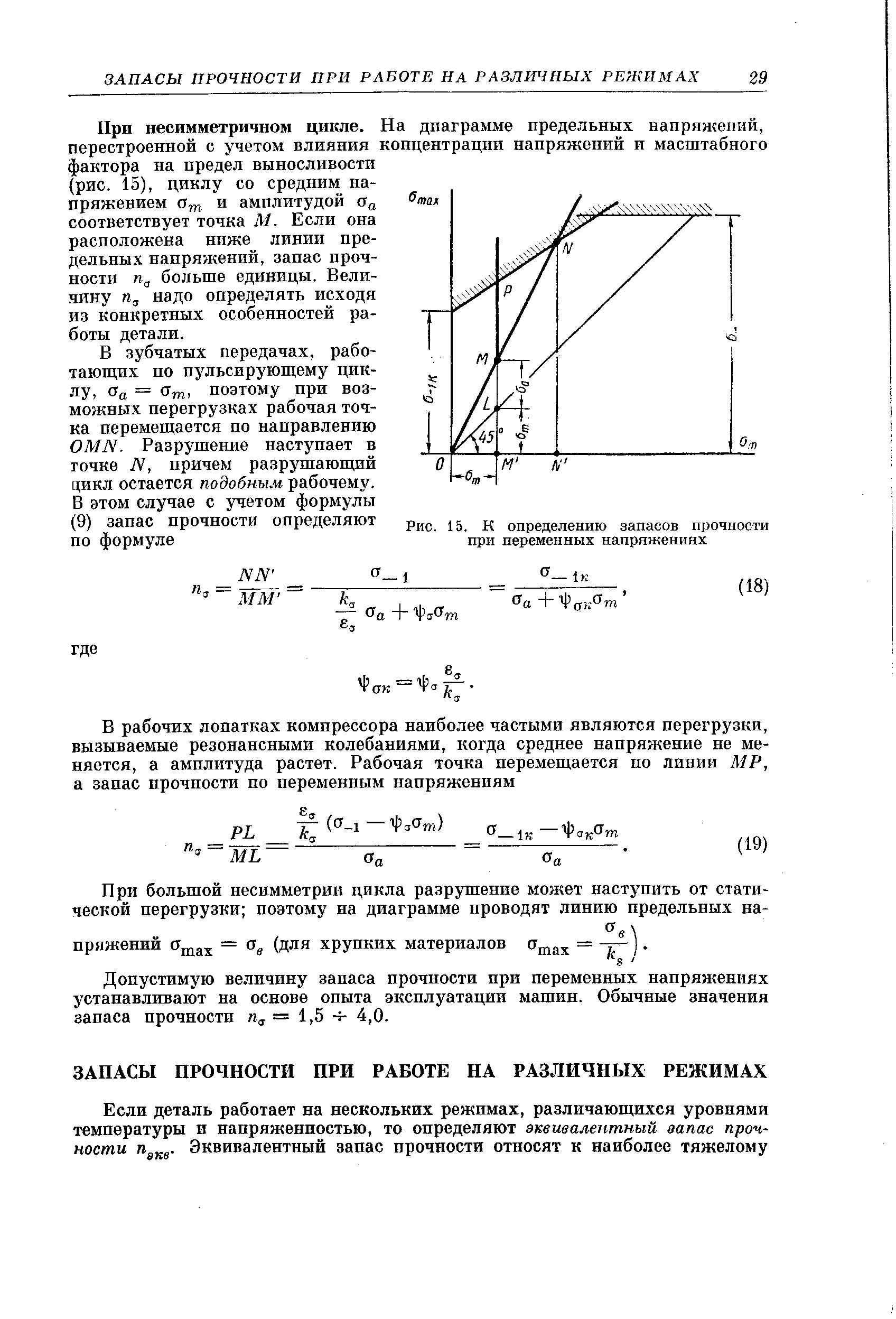 При несимметричном цикле. На диаграмме предельных напряжений, перестроенной с учетом влияния концентрации напряжений и масштабного фактора на предел выносливости (рис. 15), циклу со средним напряжением От И амплитудой соответствует точка М. Если она расположена ниже линии предельных напряжений, запас прочности Пд больше единицы. Величину п, надо определять исходя из конкретных особенностей работы детали.
