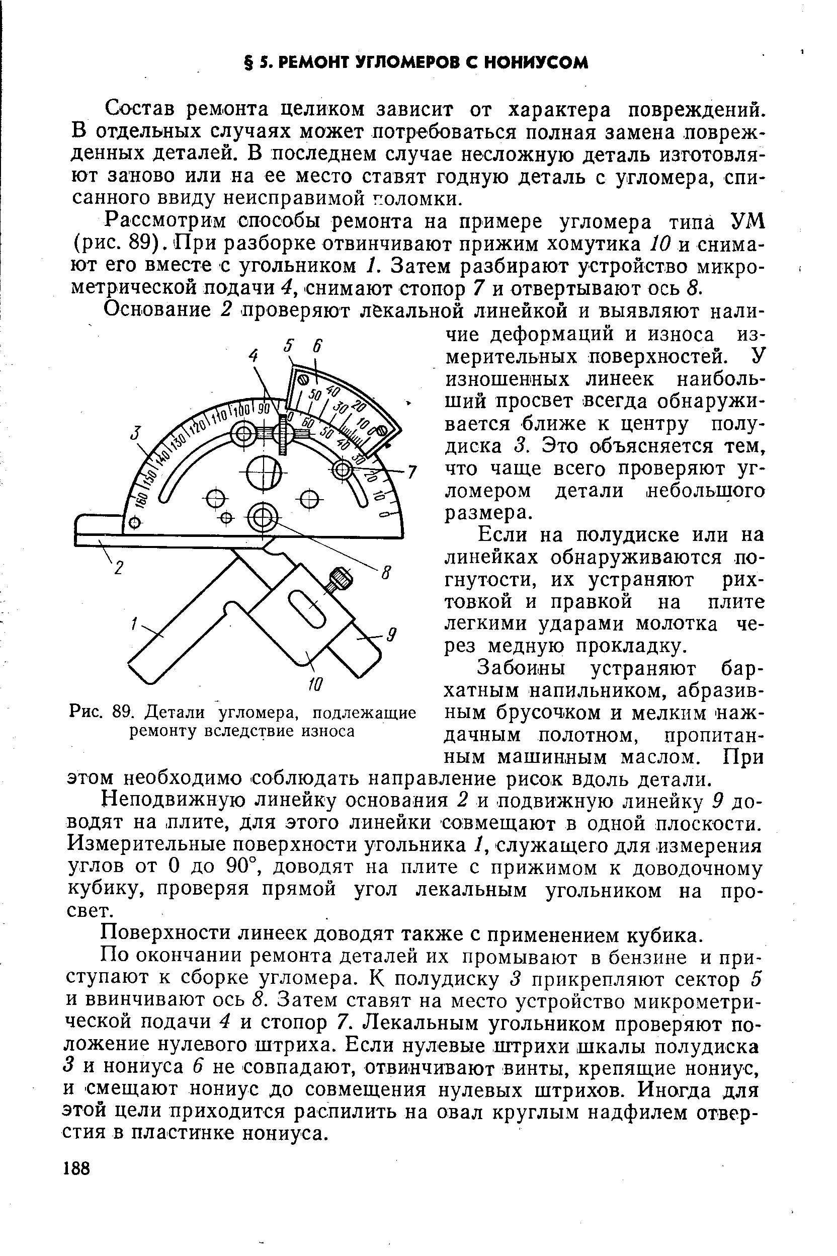 Рис. 89. Детали угломера, подлежащие ремонту вследствие износа
