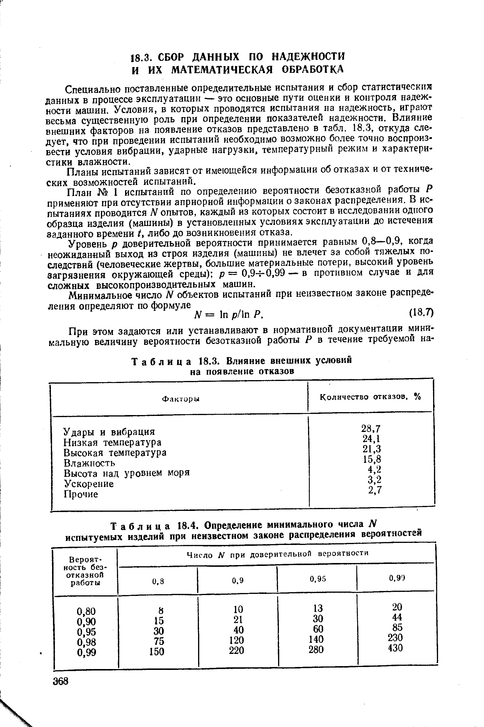 Специально поставленные определительные испытания и сбор статистическия данных в процессе эксплуатации — это основные пути оценки и контроля надежности машин. Условия, в которых проводятся испытания на надежность, играют весьма существенную роль при определении показателей надежности. Влияние внешних факторов на появление отказов представлено в табл. 18.3, откуда следует, что при проведении испытаний необходимо возможно более точно воспроизвести условия вибрации, ударные нагрузки, температурный режим и характеристики влажности.
