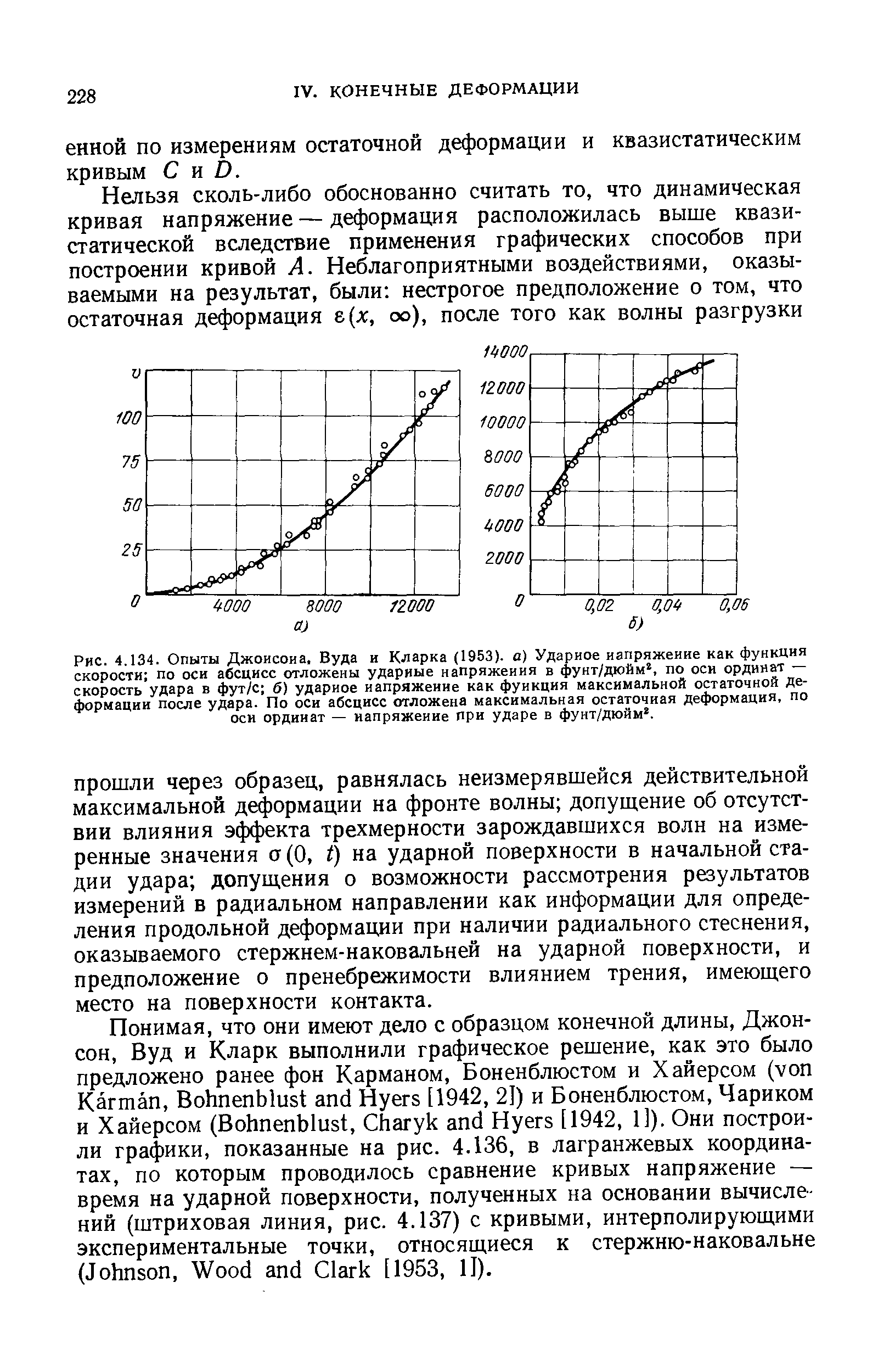 Рис. 4.134. Опыты Джоисоиа, Вуда и Кларка (1953). о) Ударное напряжение как <a href="/info/336">функция скорости</a> по оси абсцисс отложены ударные напряжения в фунт/дюйм, по оси ординат — скорость удара в фут/с б) ударное напряжение как функция максимальной остаточной Деформации после удара. По оси абсцисс отложена максимальная остаточная деформация, по оси ординат — напряжение при ударе в фунт/дюйм. 
