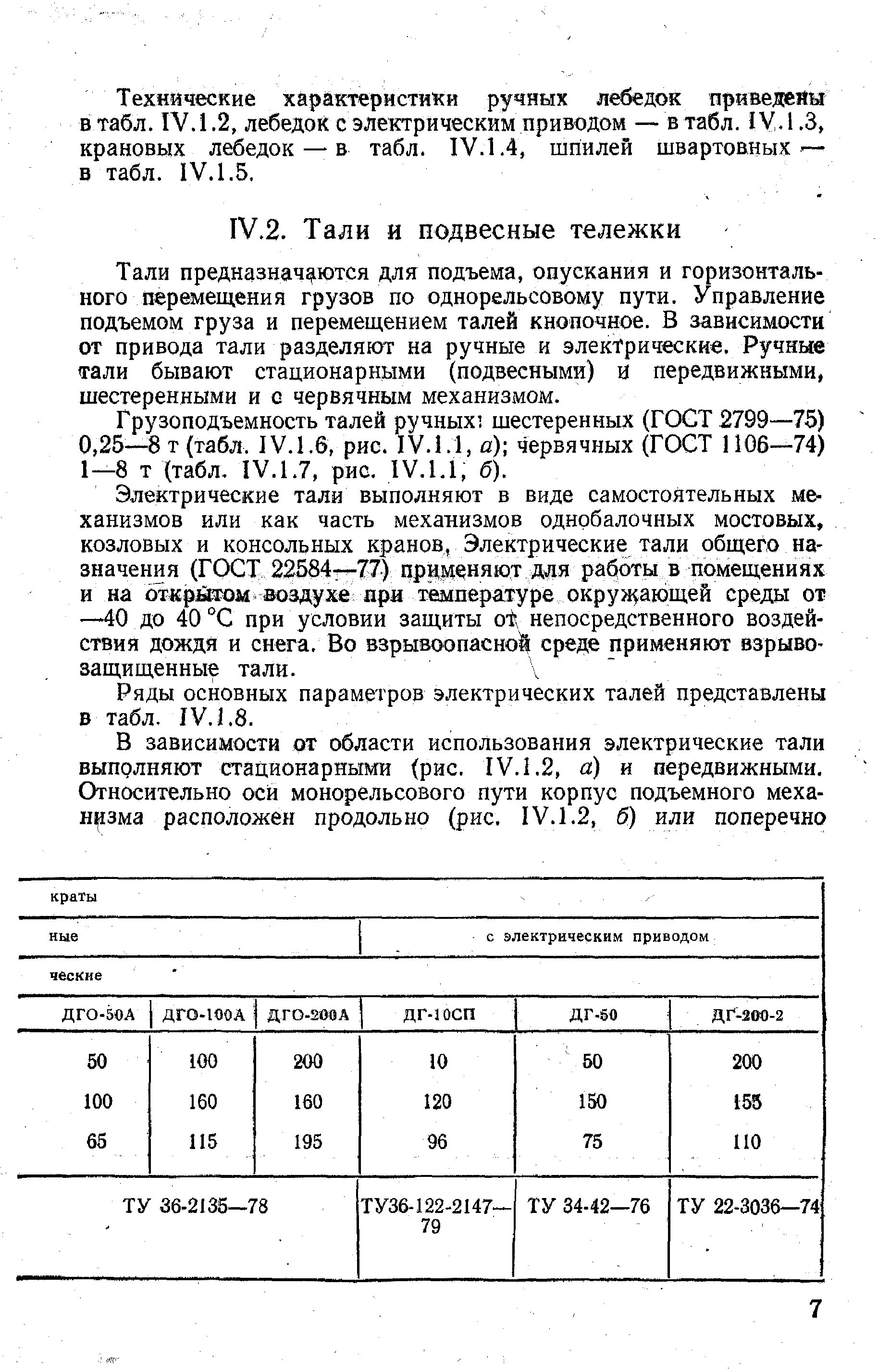 Тали предназначаются для подъема, опускания и горизонтального перемещения грузов по однорельсовому пути. Управление подъемом груза и перемещением талей кнопочное. В зависимости от привода тали разделяют на ручные и электрические. Ручные тали бывают стационарными (подвесными) и передвижными, шестеренными и с червячным механизмом.
