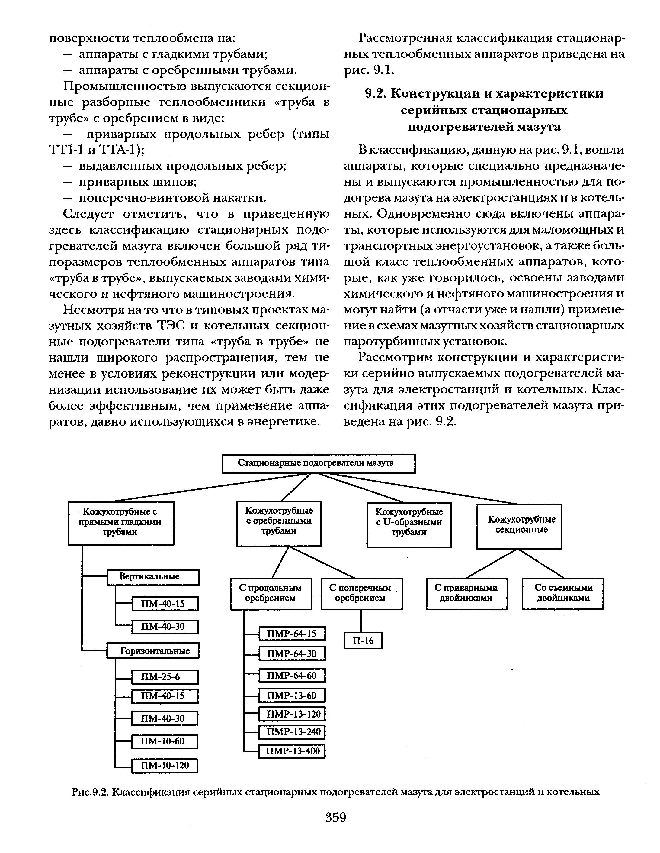 В классификацию, данную на рис. 9.1, вошли аппараты, которые специально предназначены и выпускаются промышленностью для подогрева мазута на электростанциях и в котельных. Одновременно сюда включены аппараты, которые используются для маломощных и транспортных энергоустановок, а также большой класс теплообменных аппаратов, которые, как уже говорилось, освоены заводами химического и нефтяного машиностроения и могут найти (а отчасти уже и нашли) применение в схемах мазутных хозяйств стационарных паротурбинных установок.
