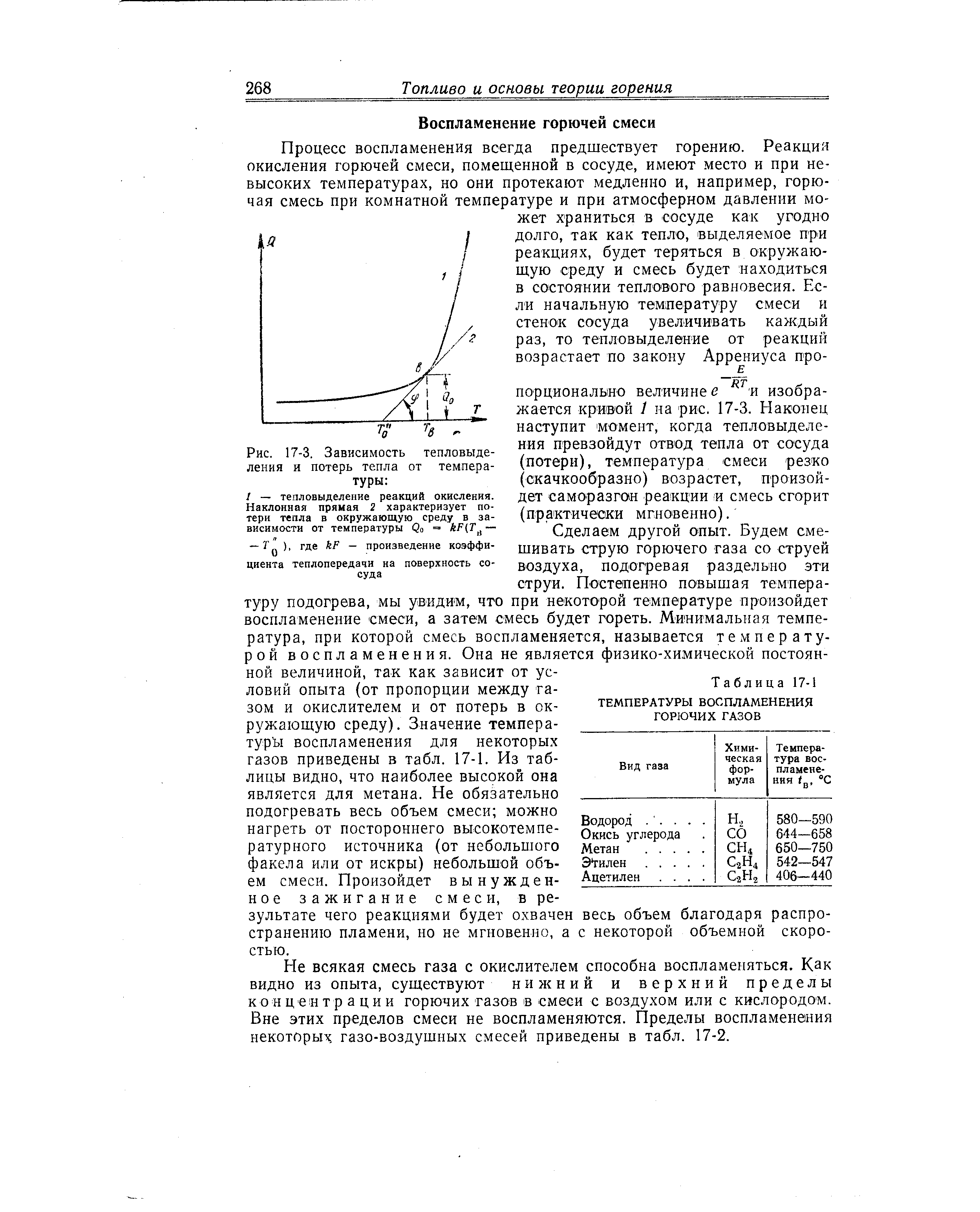 Сделаем другой опыт. Будем смешивать струю горючего газа со струей воздуха, подогревая раздельно эти струи. Постепенно повыщая температуру подогрева, мы увидим, что при некоторой температуре произойдет воспламенение смеси, а затем смесь будет гореть. Минимальная температура, при которой смесь воспламеняется, называется температурой воспламенения. Она не является физико-химической постоянной величиной, так как зависит от условий опыта (от пропорции между газом и окислителем и от потерь в окружающую среду). Значение температурь воспламенения для некоторых газов приведены в табл. 17-1. Из таблицы видно, что наиболее высокой она является для метана. Не обязательно подогревать весь объем смеси можно нагреть от постороннего высокотемпературного источника (от небольшого факела или от искры) небольшой объем смеси. Произойдет вынужденное зажигание смеси, в результате чего реакциями будет охвачен весь объем благодаря распространению пламени, но не мгновенно, а с некоторой объемной скоростью.
